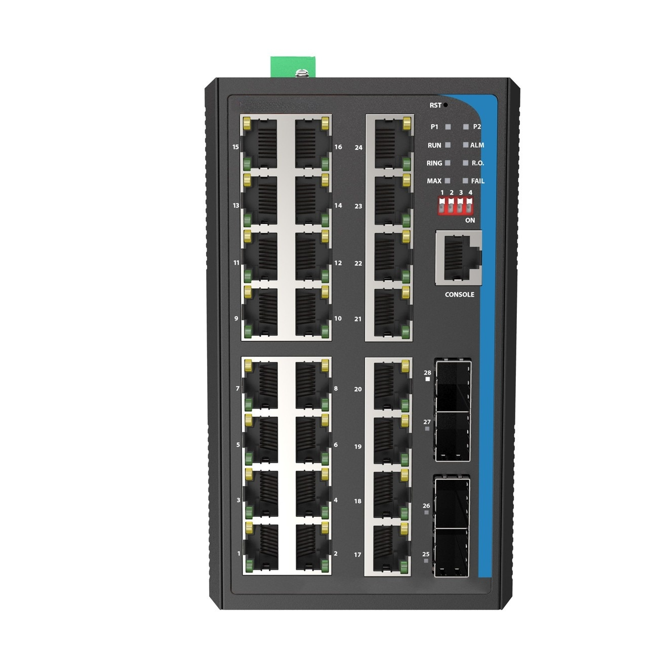 HGW-2404SM-PSE - 24x RJ45 + 4x SFP ports Gigabit Ethernet Managed PoE Industrial fiber switch 480W total power, DIN rail mount, -40 to +75 Celsius