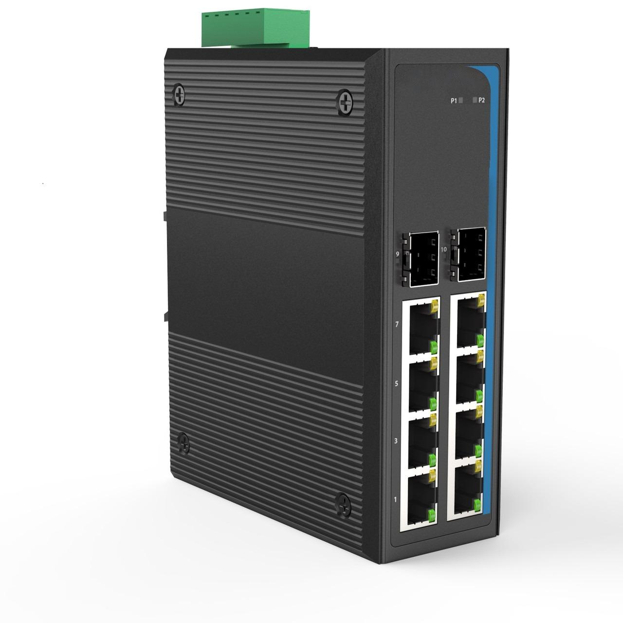 HGW-802S - 8x RJ45 + 2x SFP ports Gigabit Ethernet Industrial fiber switch, DIN rail mount, -40 to +75 Celsius
