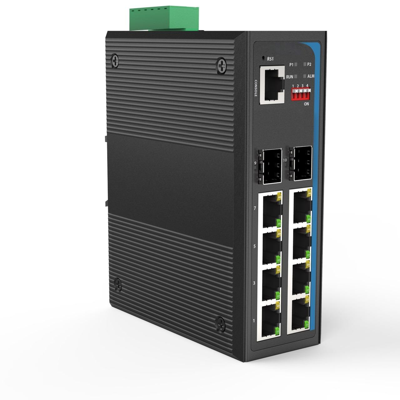 HGW-802SM-PSE - 8x RJ45 + 2x SFP ports Gigabit Ethernet Managed PoE Industrial fiber switch 240W total power, DIN rail mount, -40 to +75 Celsius