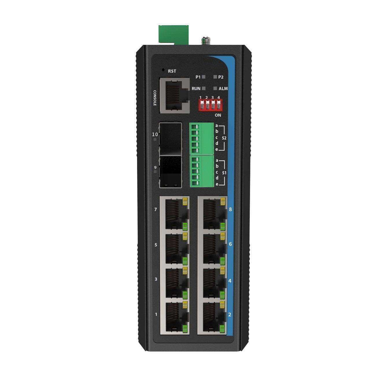 HGW-802SM-SER-PSE - 8x RJ45 + 2x SFP ports + 2x RS485/422/232 serial ports Gigabit Ethernet Managed PoE Industrial fiber switch 240W total power, DIN rail mount, -40 to +75 Celsius