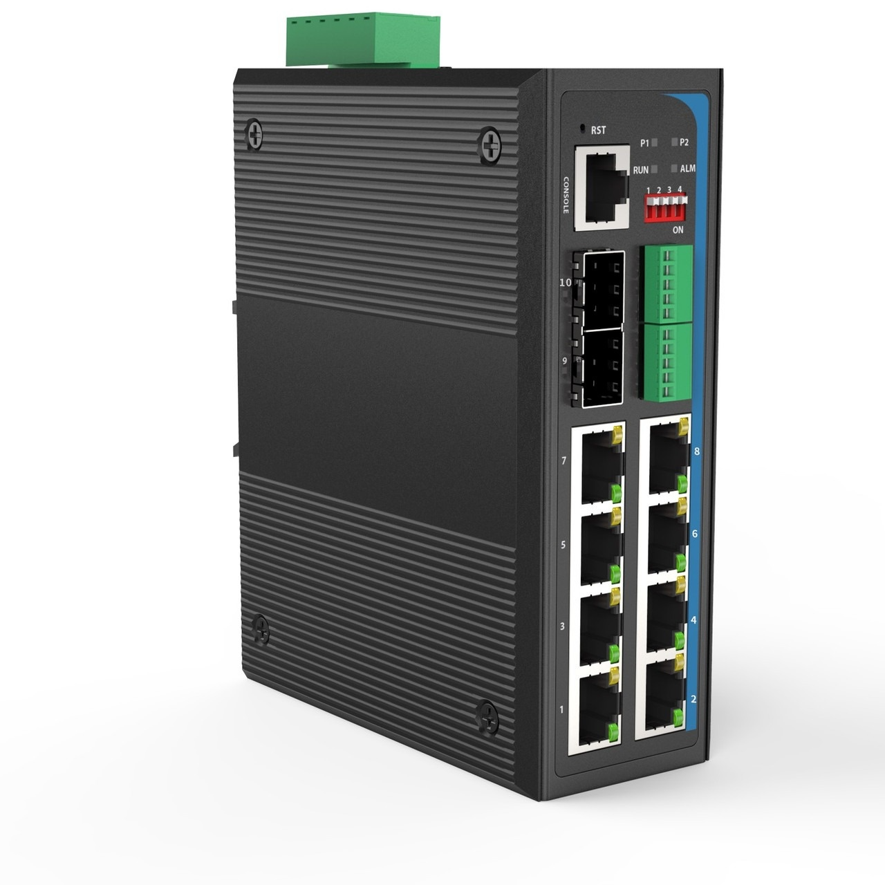 HGW-802SM-SER-PSE - 8x RJ45 + 2x SFP ports + 2x RS485/422/232 serial ports Gigabit Ethernet Managed PoE Industrial fiber switch 240W total power, DIN rail mount, -40 to +75 Celsius