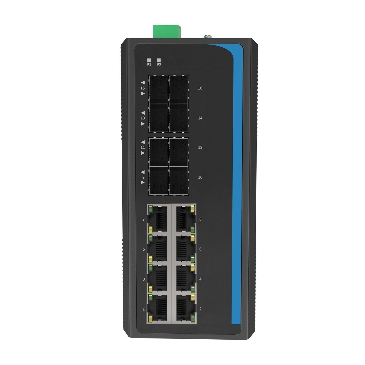 HGW-808S - 8x RJ45 + 8x SFP ports Gigabit Ethernet Industrial fiber switch, DIN rail mount, -40 to +75 Celsius