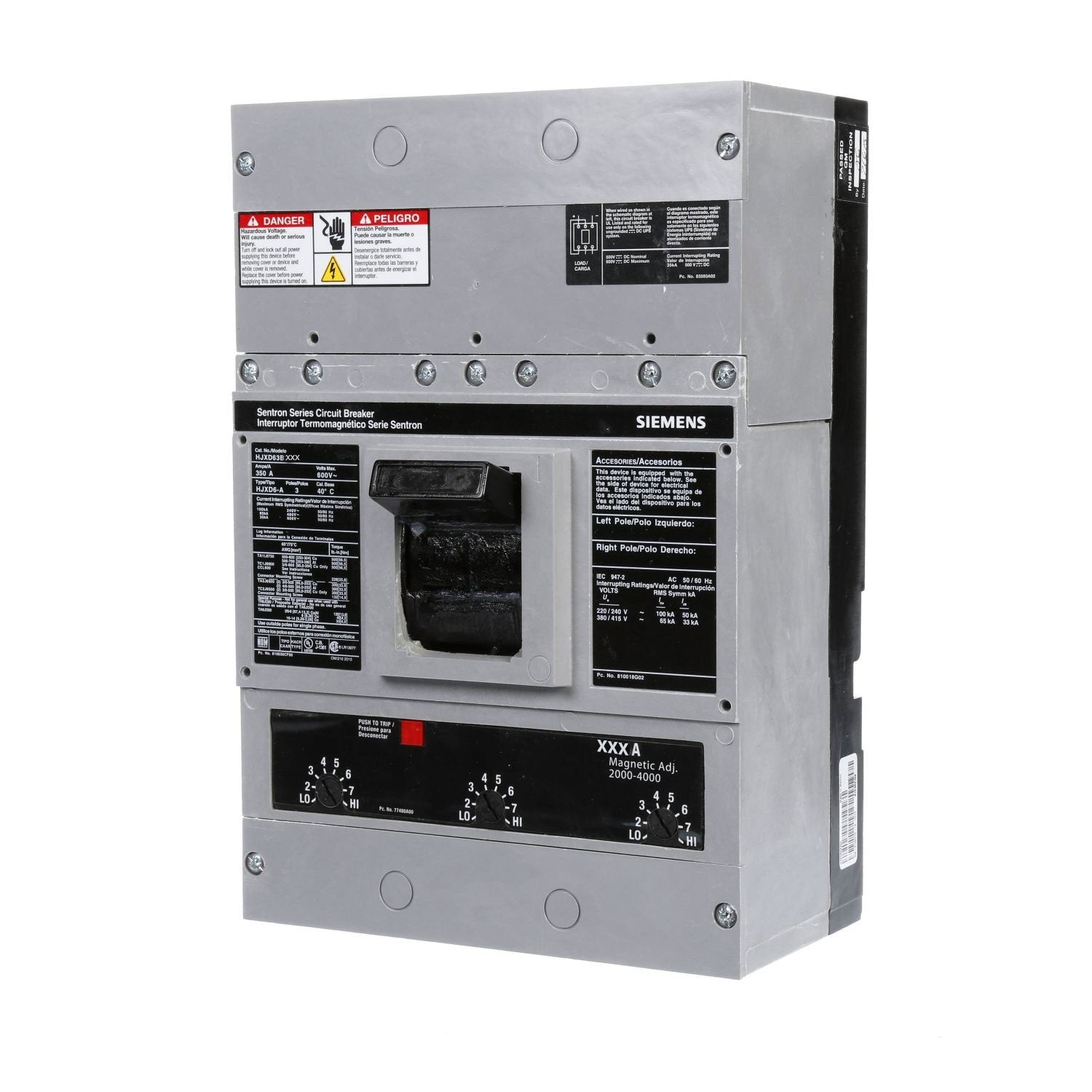 Siemens HJXD63B250 Sentron Molded Case Circuit Breaker 250A 3-Pole 600VAC Bolt-On