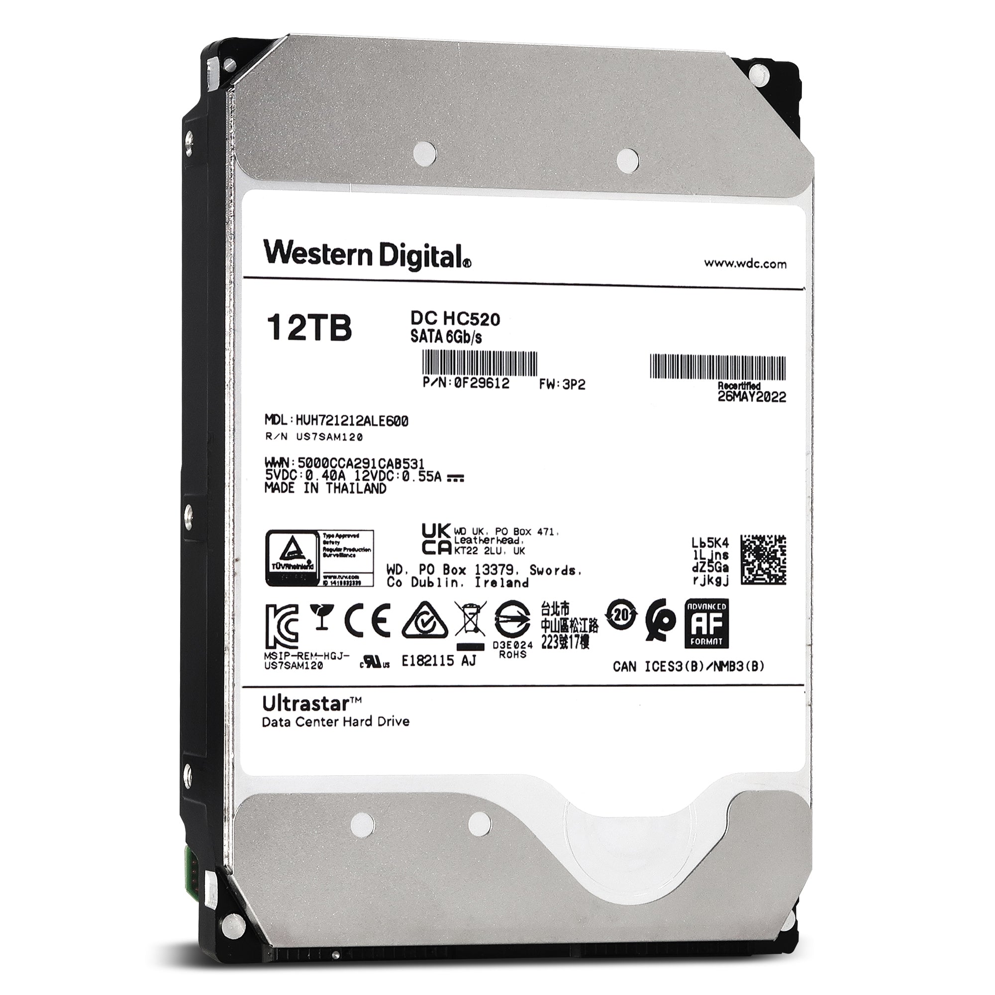 Western Digital Ultrastar DC HC520 HUH721212ALE600 0F29612 12TB 7.2K RPM SATA 6Gb/s 512e Power-Disable 3.5in Recertified Hard Drive