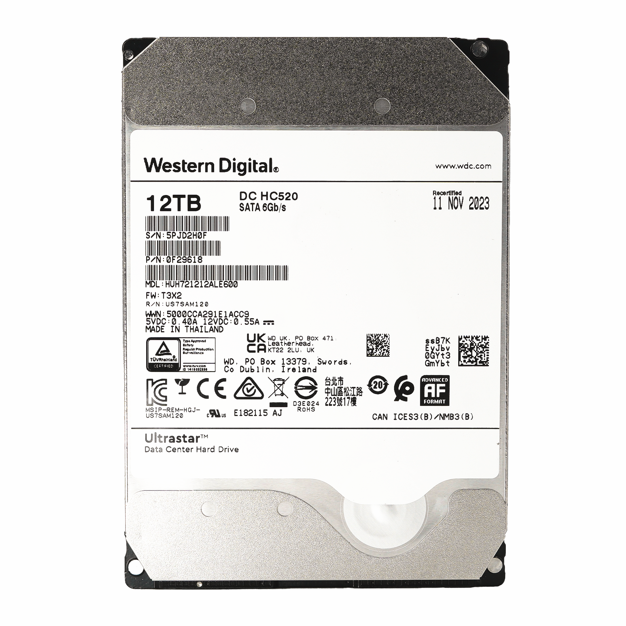 Western Digital Ultrastar DC HC520 HUH721212ALE600 0F29618 12TB 7.2K RPM SATA 6Gb/s 512e Power Disable 3.5in Recertified Hard Drive