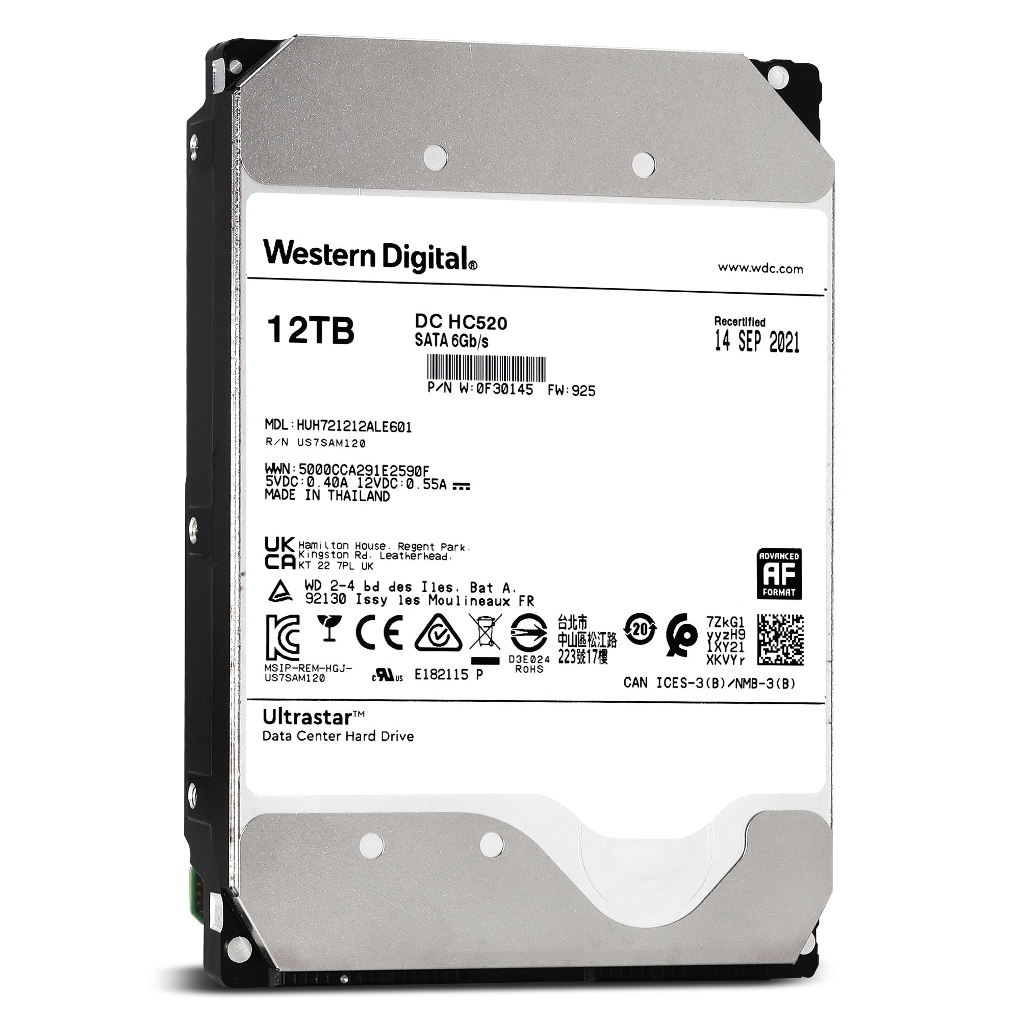Western Digital Ultrastar DC HC520 HUH721212ALE601 0F30145 12TB 7.2K RPM SATA 6Gb/s 512e 3.5in Recertified Hard Drive