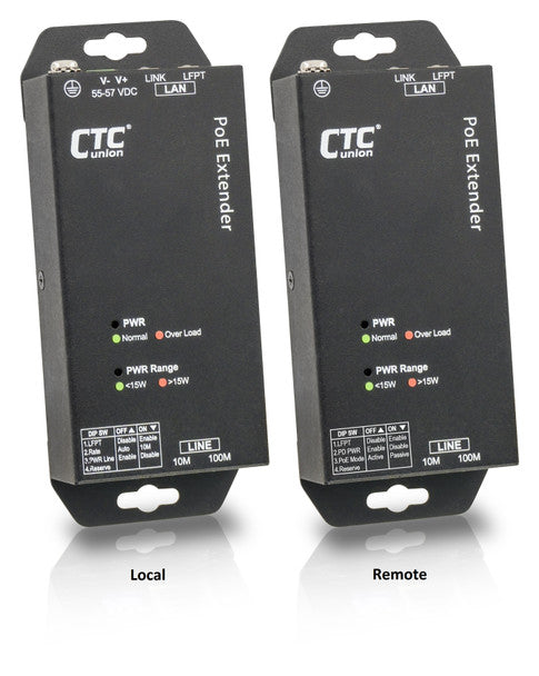 IEXT101-PH LAN Extender pair with remote powered unit and 30W PoE delivered over 2 or 4 pairs of copper wires
