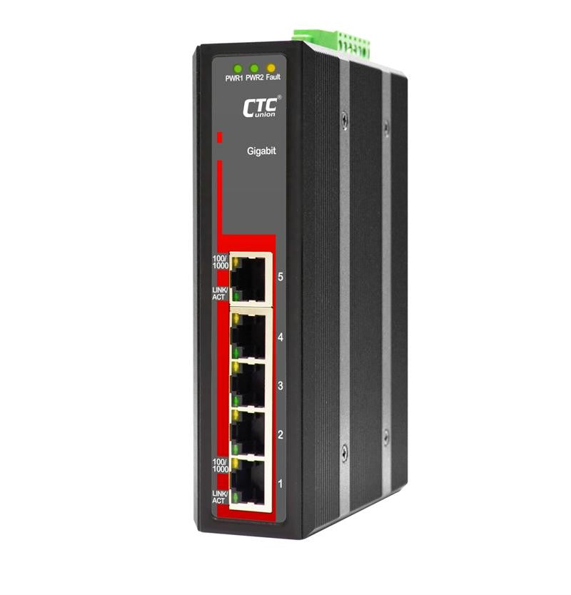IGS-500-E - 5 port 10/100/1000Base-TX Gigabit Ethernet Industrial switch, -40 to 75 Celsius, DIN rail mount