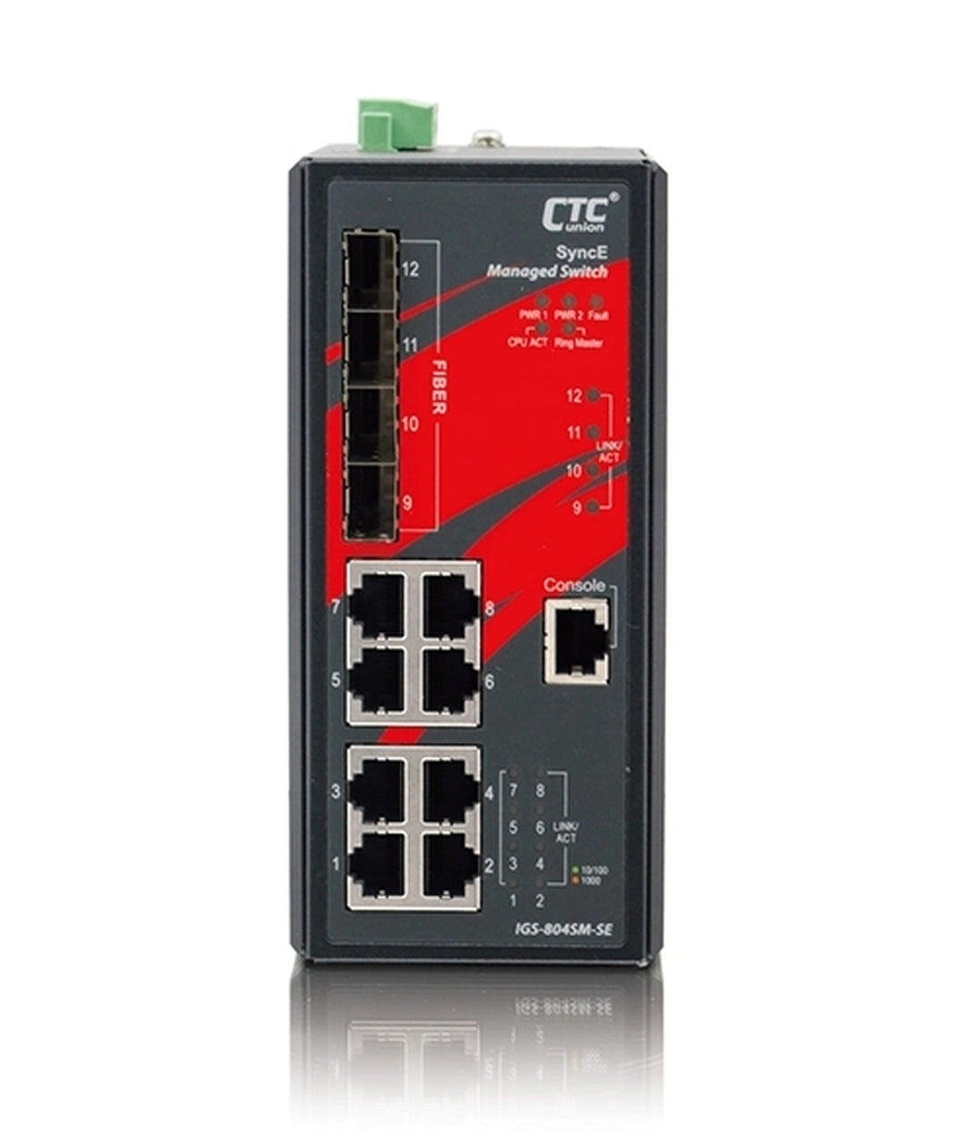 IGS-804SM-SE-E - 8 copper + 4 SFP port SNMP/web-managed Industrial switch with Sync-E, DIN rail mount, extreme temp