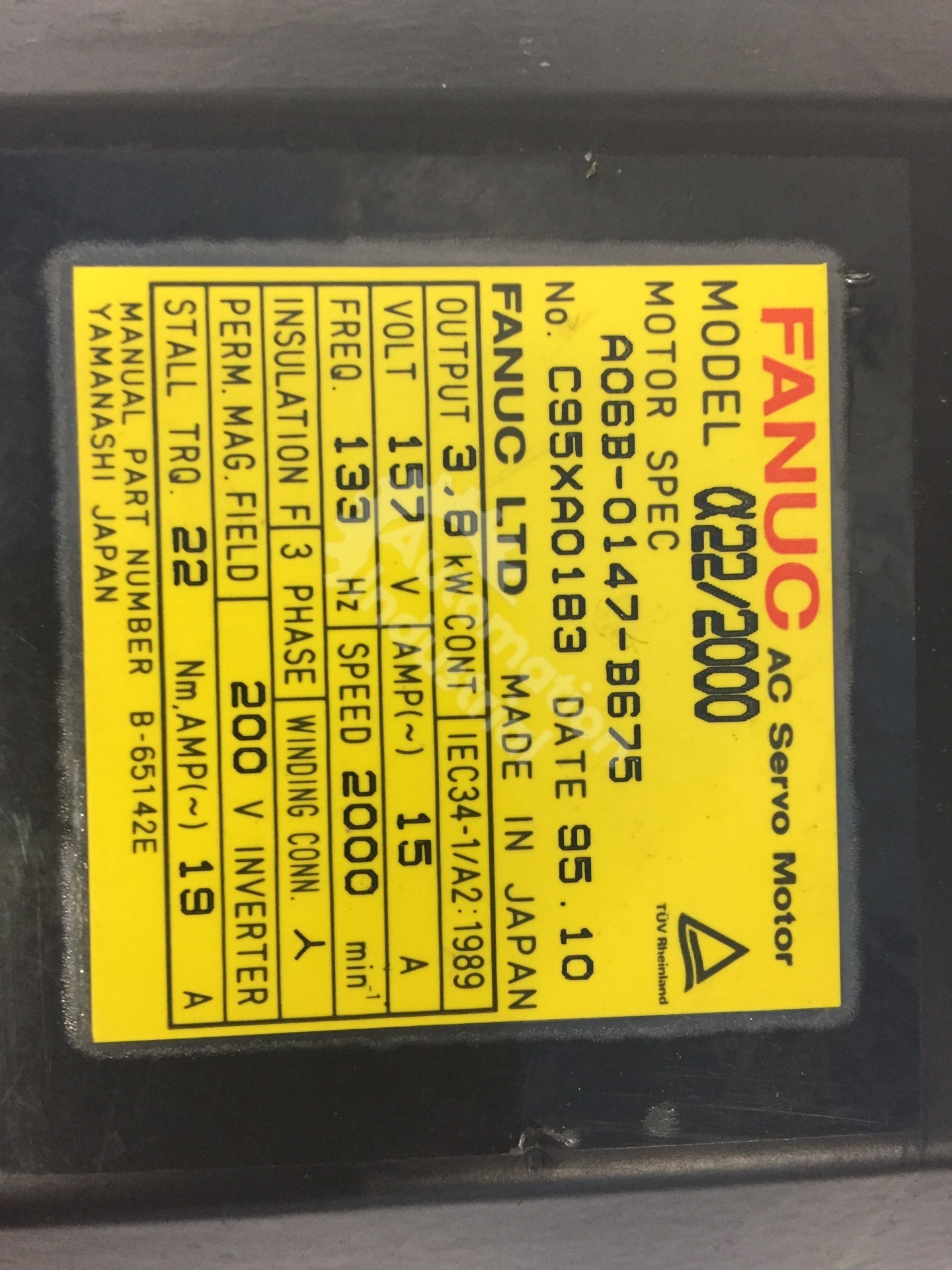 Fanuc CNC A06B-0147-B675 3.8kW 157VAC 15AMP AC Servo Motor