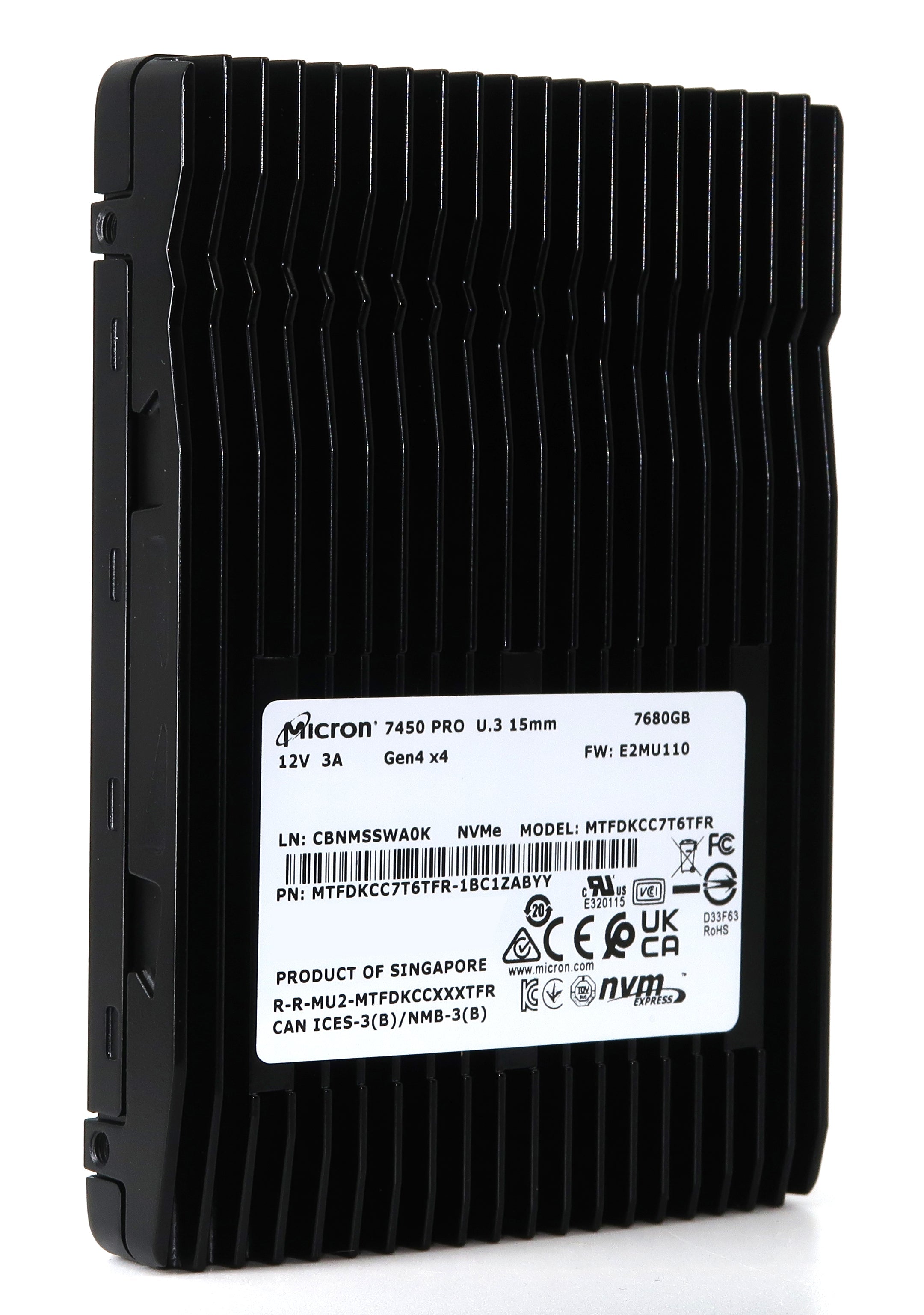 Micron 7450 Pro MTFDKCC7T6TFR 1BC1ZABYY 7.68TB PCIe Gen 4.0 x4 8GB/s U.3 NVMe 2.5in Refurbished SSD
