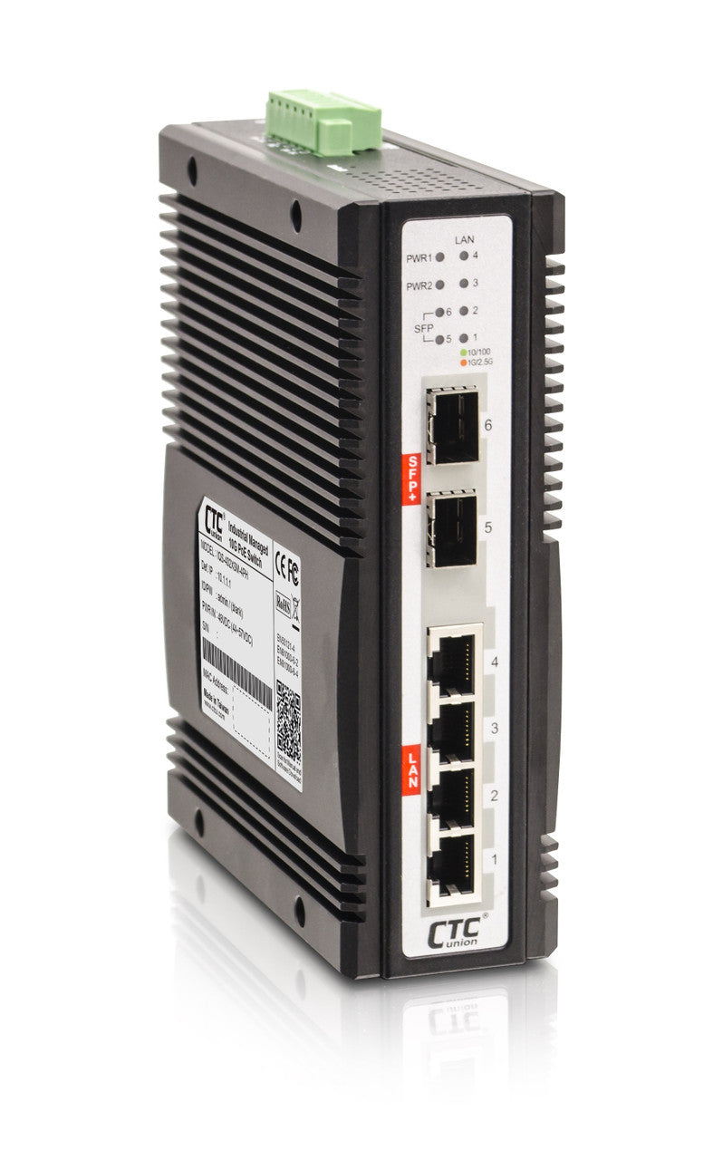 IQS-402XSM-4PH - 4 copper + 2 SFP+ ports SNMP/web-managed 2.5G Ethernet Industrial switch with 10G uplinks, 4 PoE+ ports 120W budget, DIN rail mountable