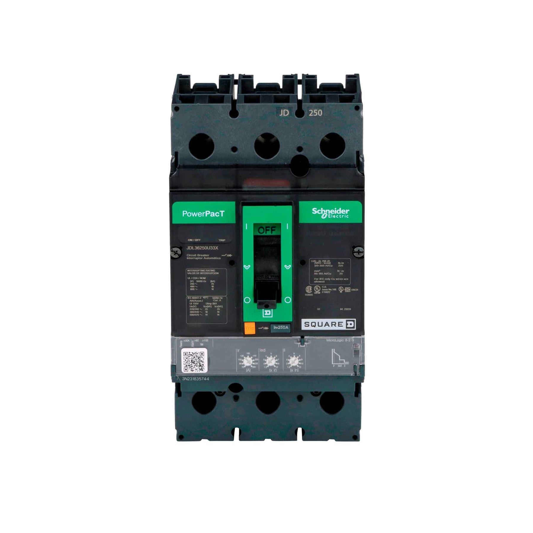 JDL36250U33X | Square D PowerPact J 250A 3-Pole 600V Molded Case Circuit Breaker