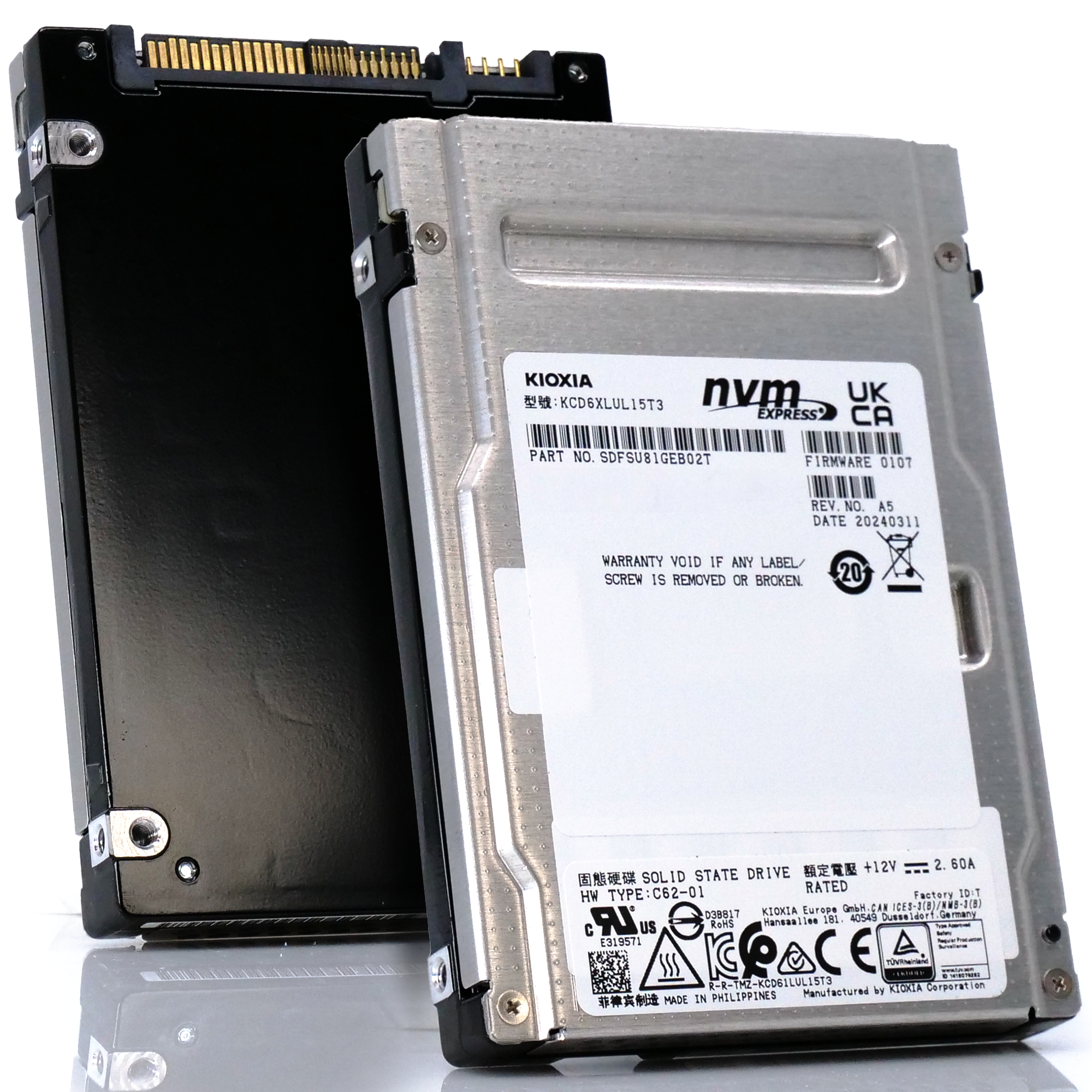 Kioxia CD6-R KCD6XLUL15T3 15.36TB PCIe Gen 4.0 X4 8GB/s 3D TLC 1 DWPD U.3 NVMe 2.5in Refurbished SSD