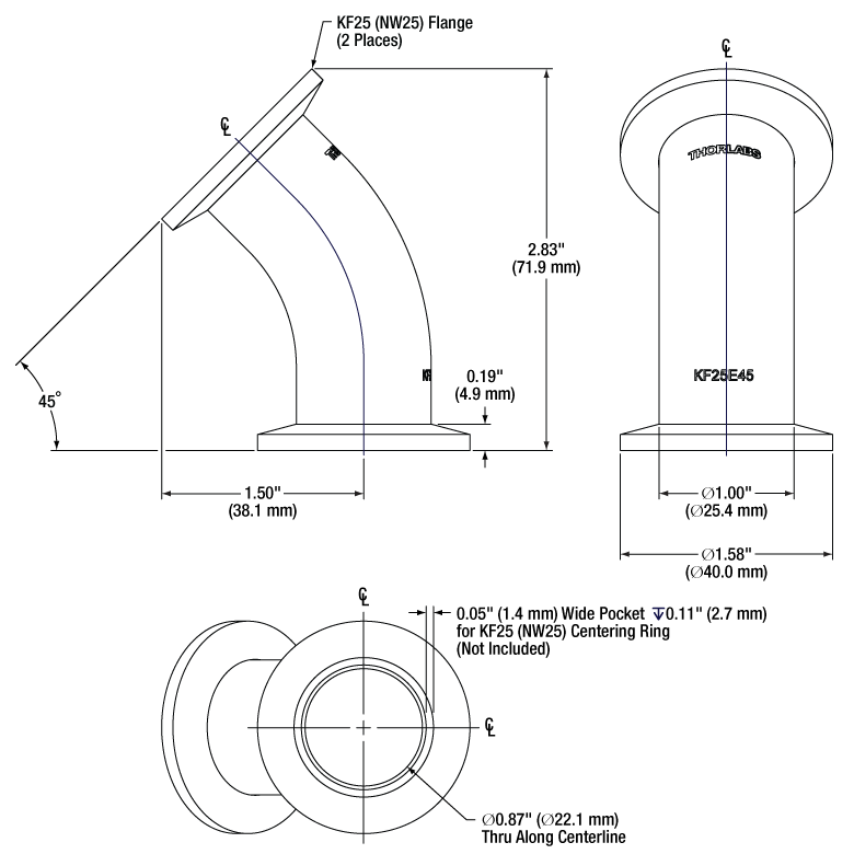 T-KF25T - Three-Way Tee Fitting with KF25 Vacuum FLanges