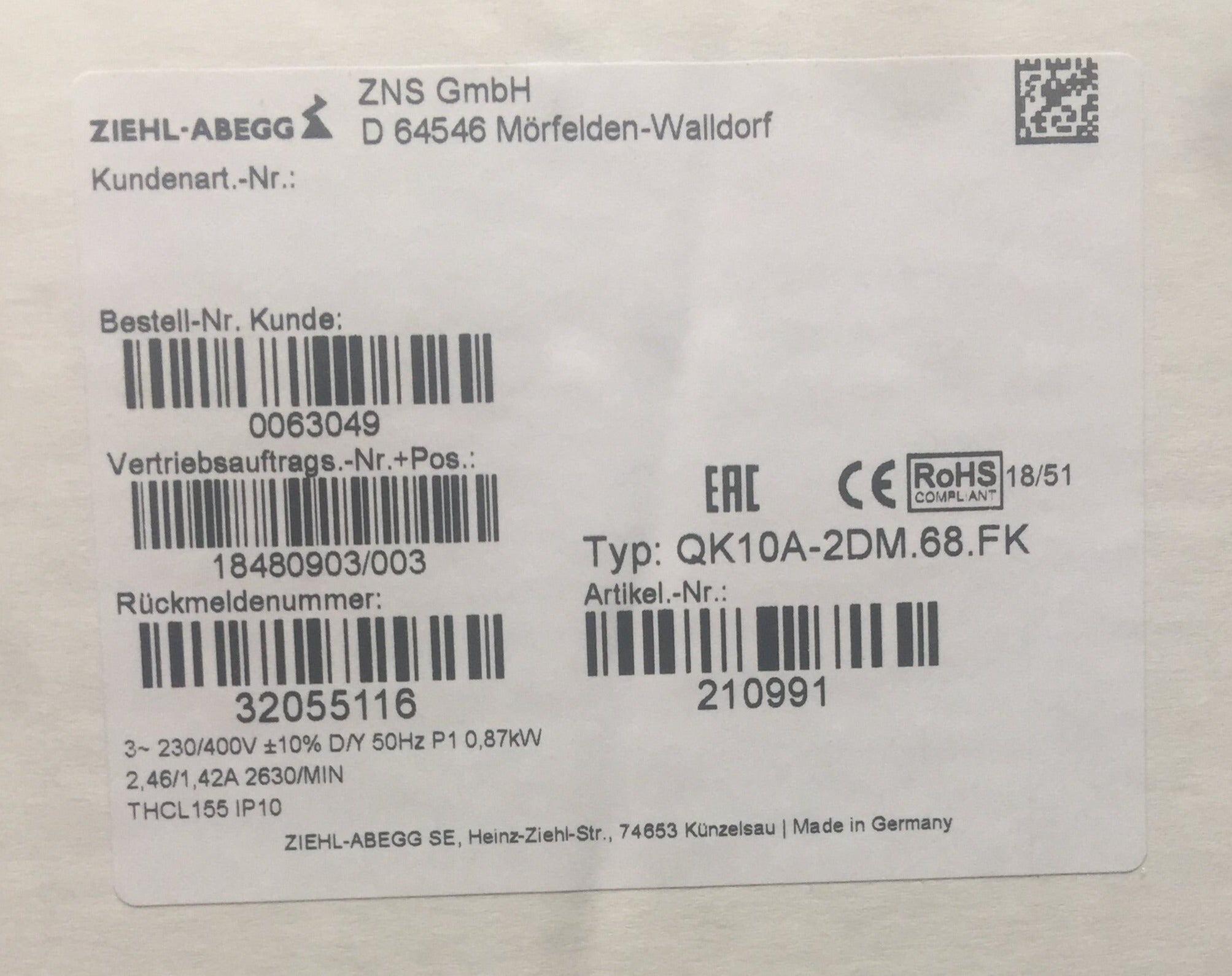 QK10A-2DM.68.FK ZIEHL-ABEGG Crossflow fan 0.87 kW 2.46/1.42 A 2630 rpm