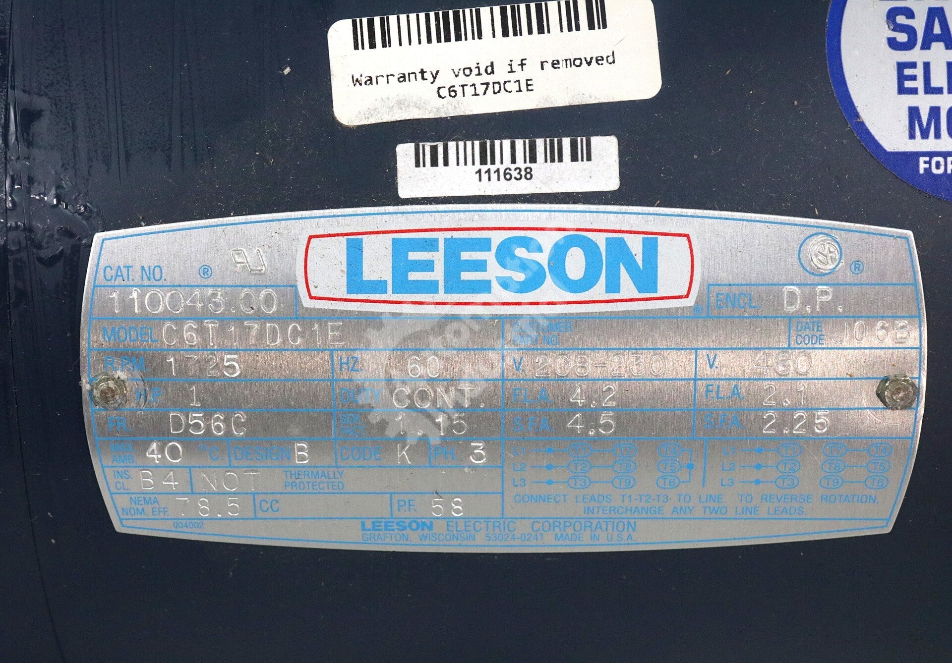 C6T17DC1E By Leeson 110043.00 1HP 3PH Washguard SST Stainless Steel Motor NSNB