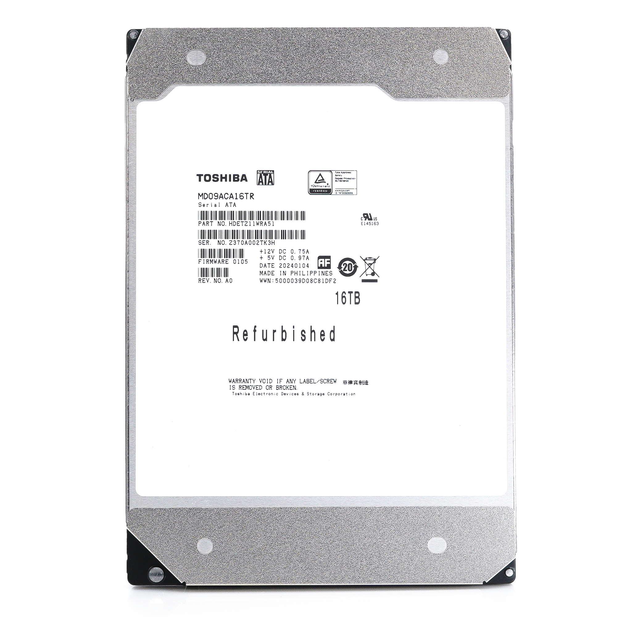 Toshiba MD09 MD09ACA16TR 16TB 7.2K RPM SATA 6Gb/s 512e Desktop 3.5in Recertified Hard Drive