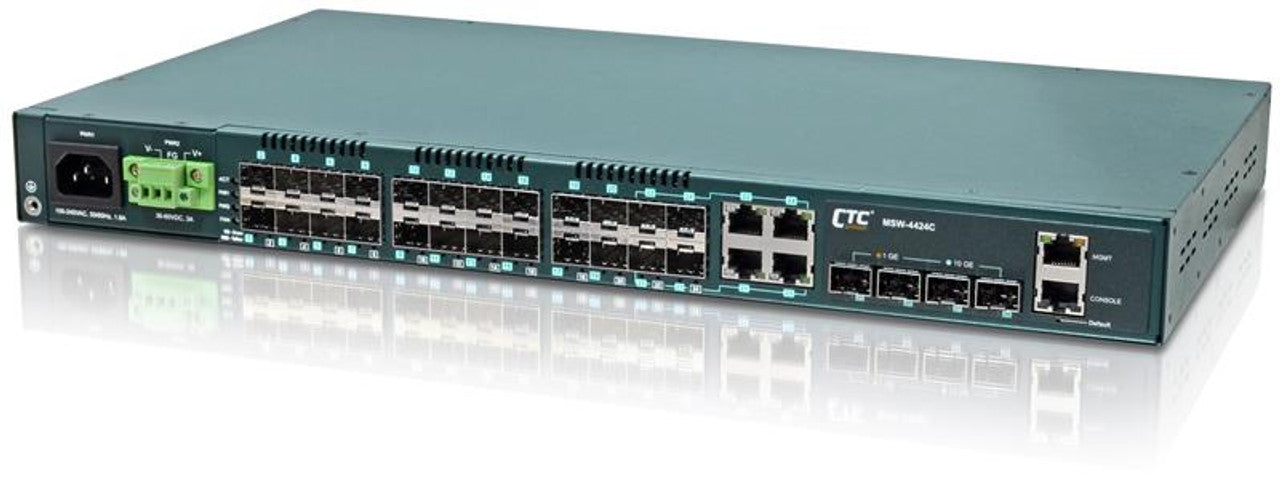 MSW-4424C-AA - Gigabit Ethernet 24 SFP ports with 4 10G SFP+ ports, Layer 2 managed switch, dual redundant AC power, rack 19"