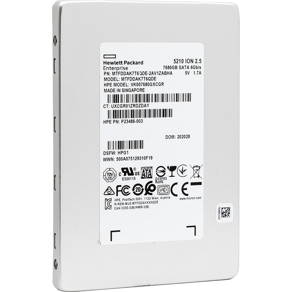 HP 5210 ION MTFDDAK7T6QDE-2AV1ZABHA P23486-003 7.68TB SATA 6Gb/s 2.5in Recertified Solid State Drive