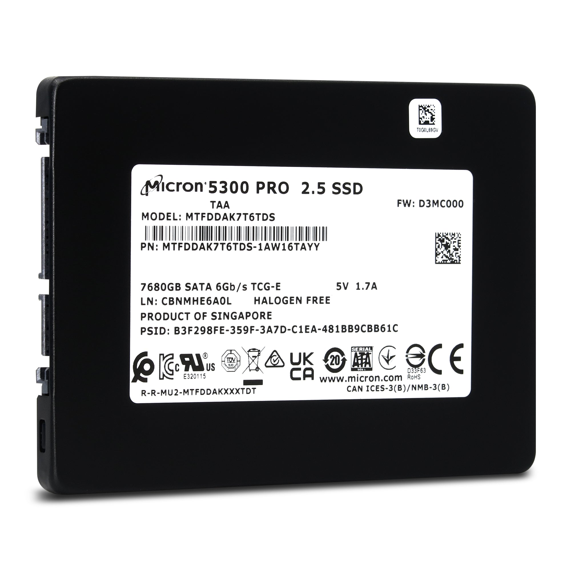 Micron 5300 PRO MTFDDAK7T6TDS 1AW16TAYY 7.68TB SATA 6Gb/s 3D TLC TCG SED 2.5in Solid State Drive