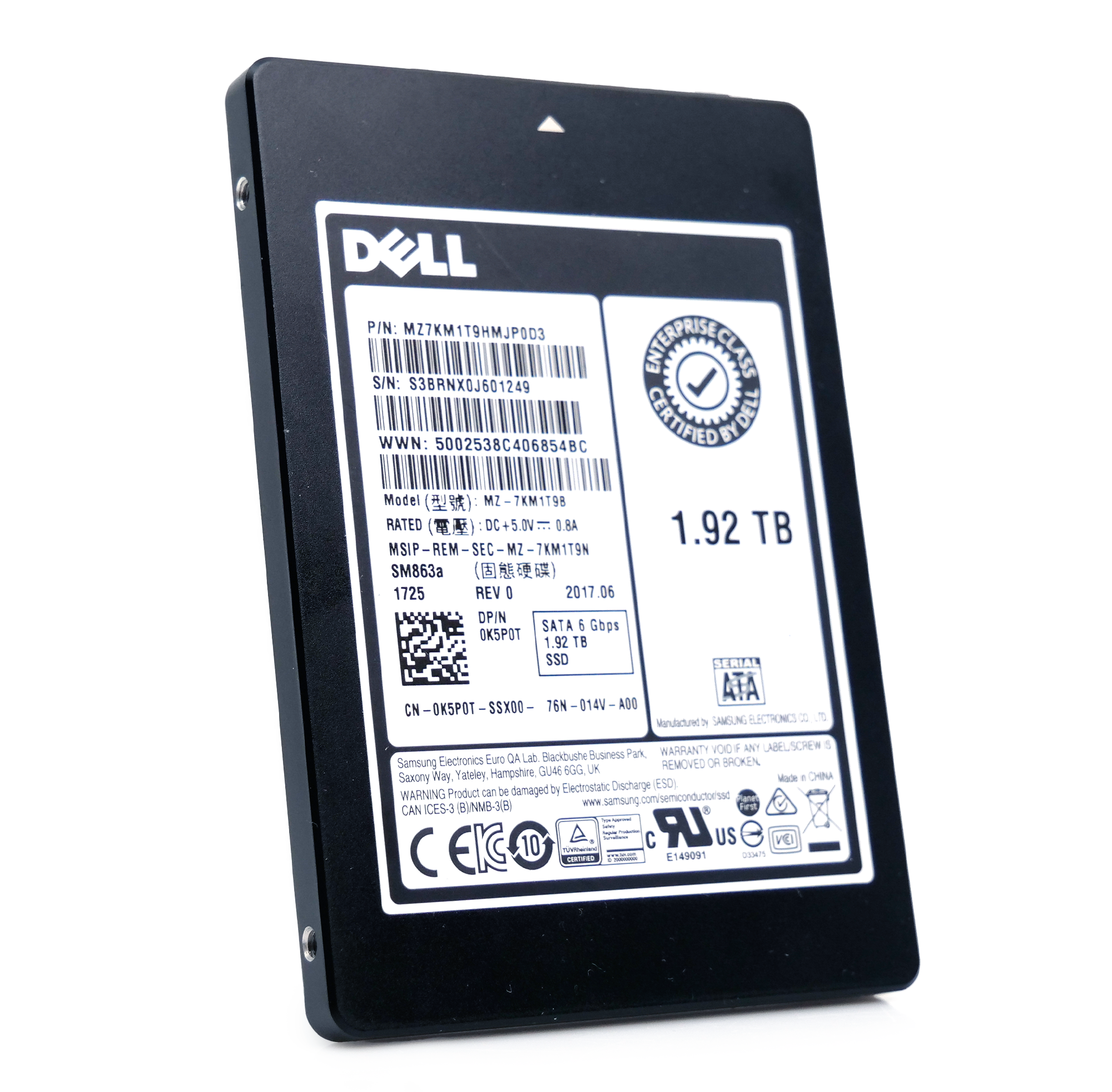 Dell/Samsung SM863a MZ7KM1T9HMJP0D3 0K5P0T 1.92TB SATA 6Gb/s MLC 3.5DWPD 2.5in Mixed-Use Solid State Drive