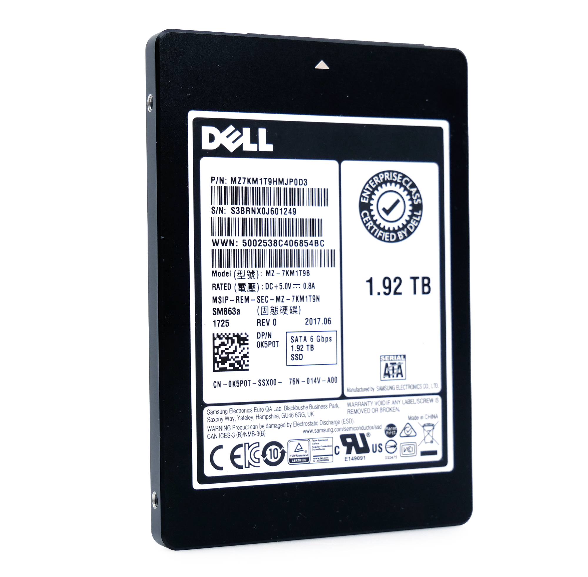 Dell/Samsung SM863a MZ7KM1T9HMJP0D3 0K5P0T 1.92TB SATA 6Gb/s MLC 3.5DWPD 2.5in Mixed-Use Solid State Drive