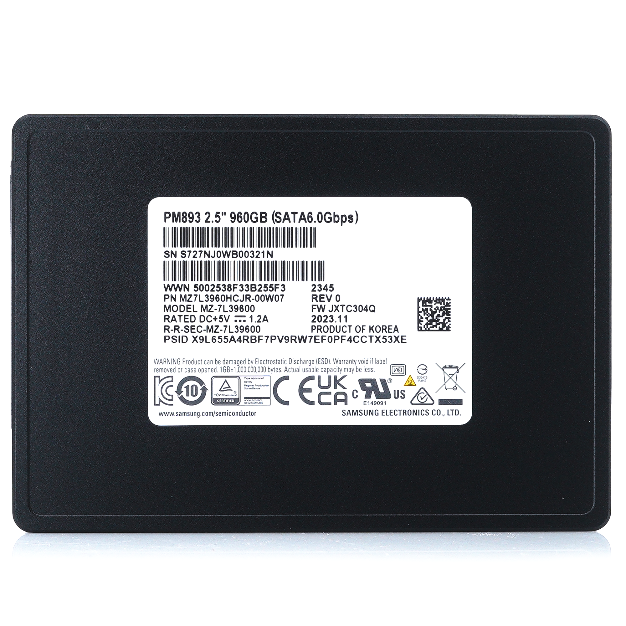 Samsung PM893 MZ-7L39600 MZ7L3960HCJR-00A07 960GB SATA 6Gb/s 2.5in Recertified Solid State Drive
