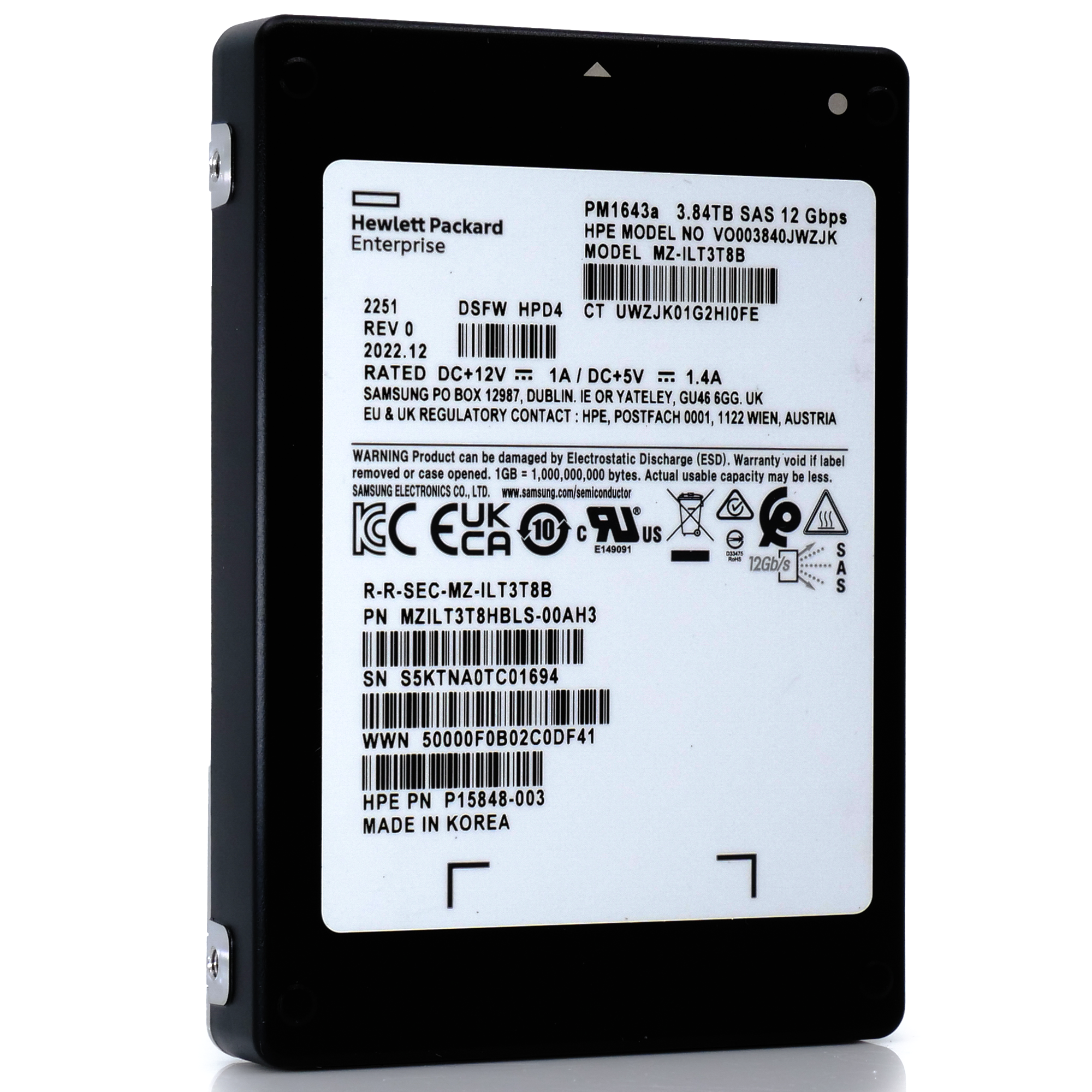 HP/Samsung PM1643a MZILT3T8HBLS 3.84TB SAS 12Gb/s 3D TLC 1 DWPD 2.5in Solid State Drive