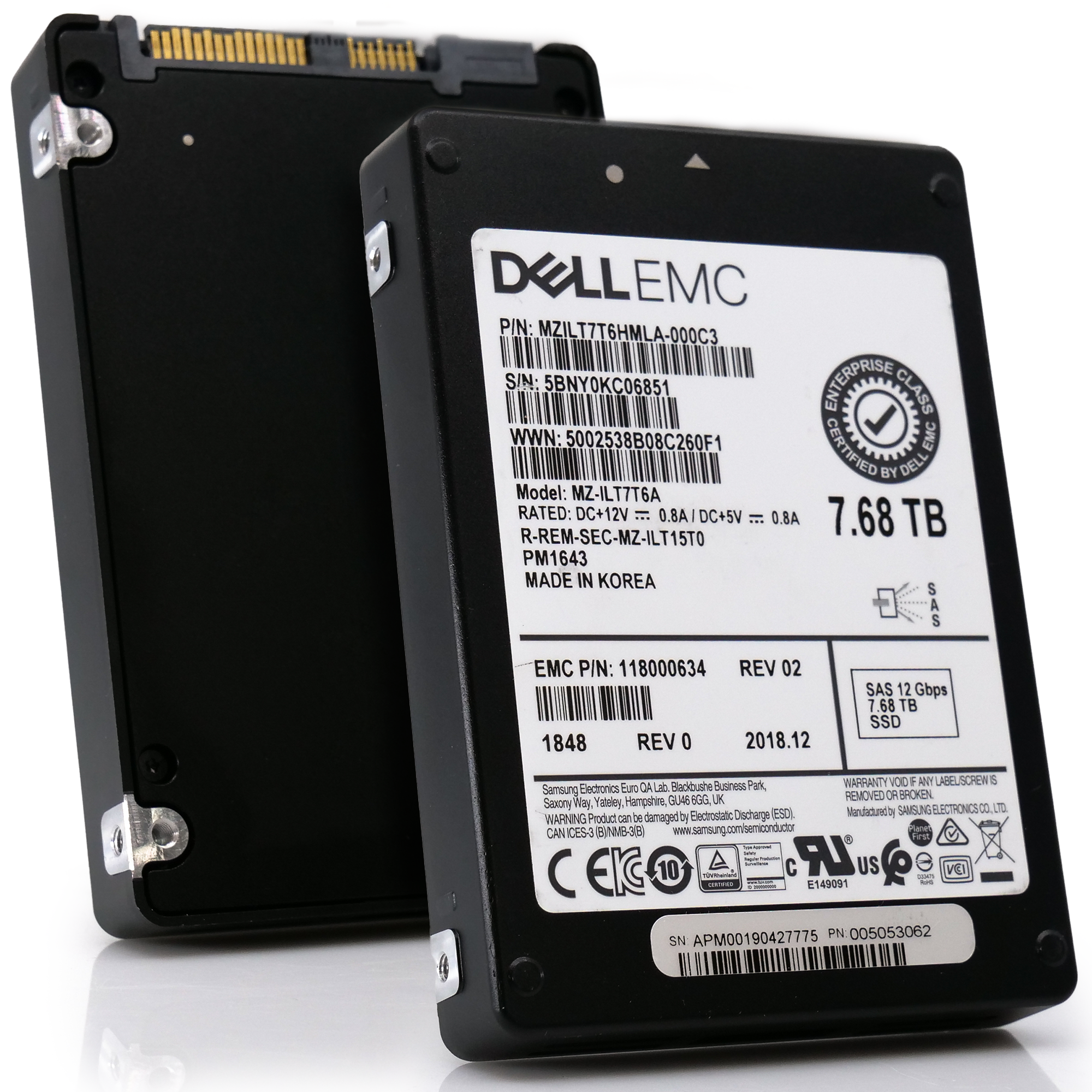 Samsung / Dell PM1643 MZILT7T6HMLA MZ-ILT7T6A 7.68TB SAS 12Gb/s 512e 1DWPD 2.5in Solid State Drive
