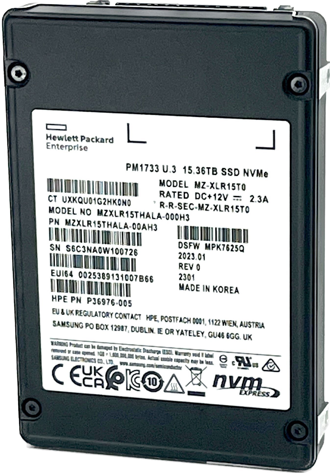 Samsung / HPE PM1733 MZXLR15THALA P36976-005 15.36TB PCIe Gen 4.0 x4 8GB/s U.3 NVMe 2.5in Recertified Solid State Drive