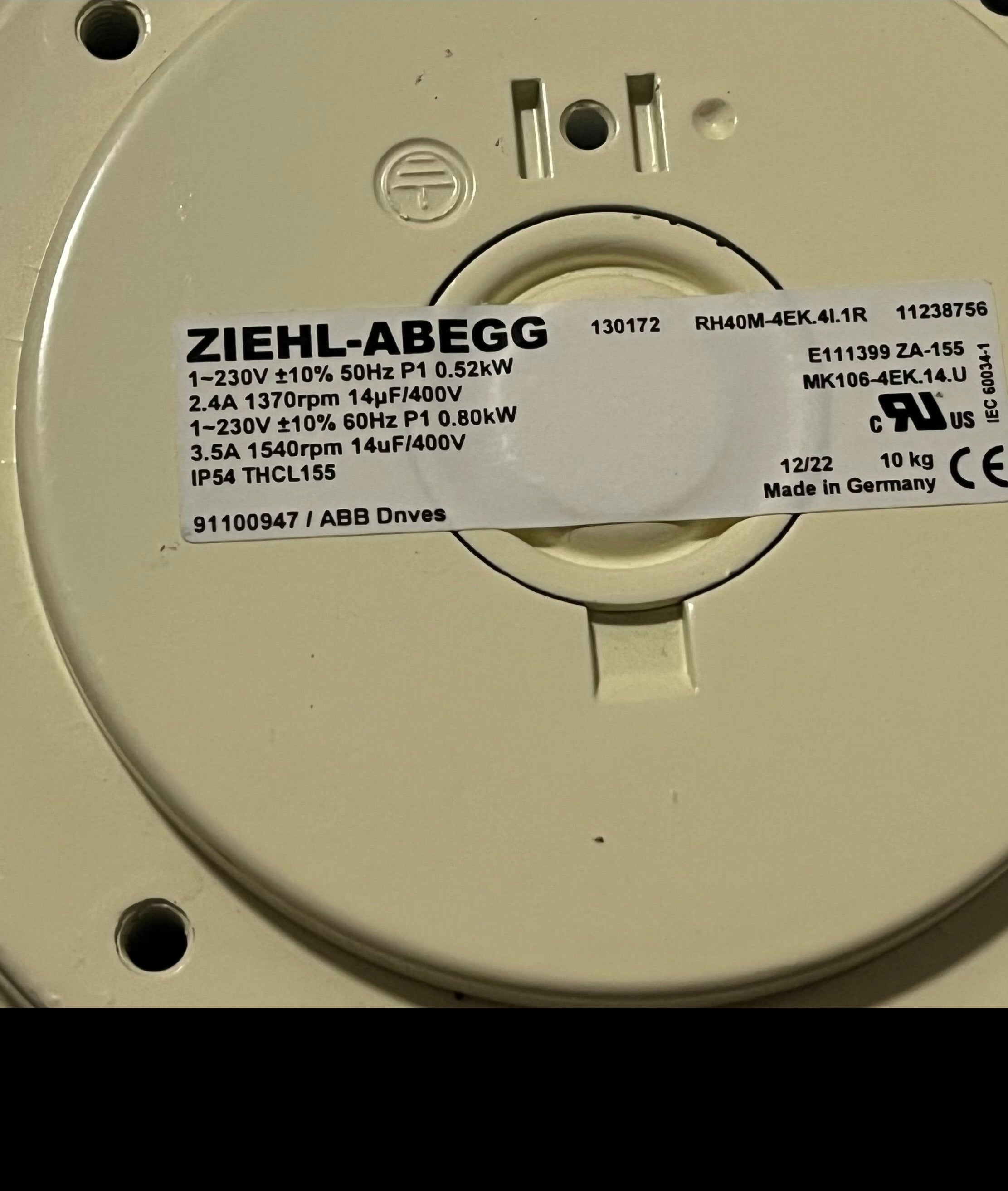 Brand new RH40M-4EK.4I.1R ZIEHL-ABEGG centrifugal fan for ABB ACS800 | 0.52/0.8kW Dual Power | 1370/1540 RPM | 1~230V