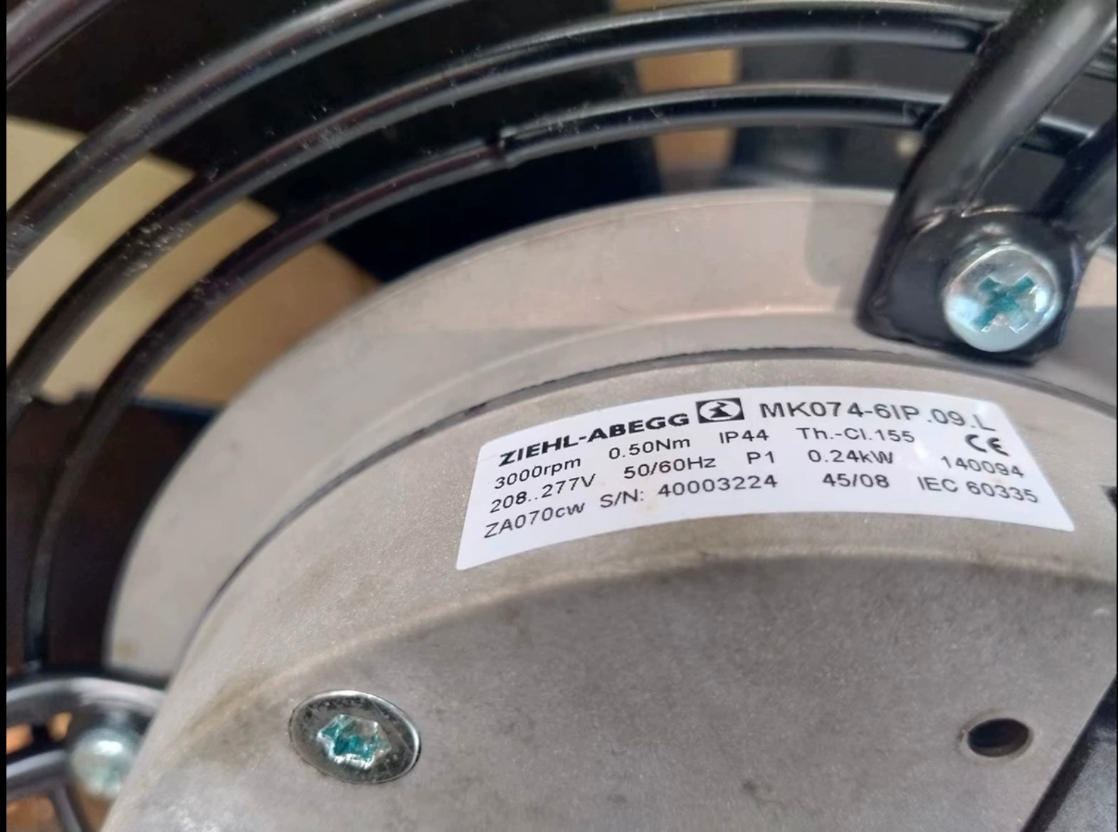 FN025-6IK.0E.V7 ZIEHL-ABEGG Axial Fan 0.23kW 200/277V 1.65/1.2A 3000rpm MK074-6IK.09.L