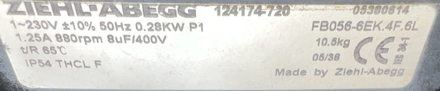 FB056-6EK.4F.6L ZIEHL-ABEGG Axial Fan 230V 0.28kW 1.25A 880rpm