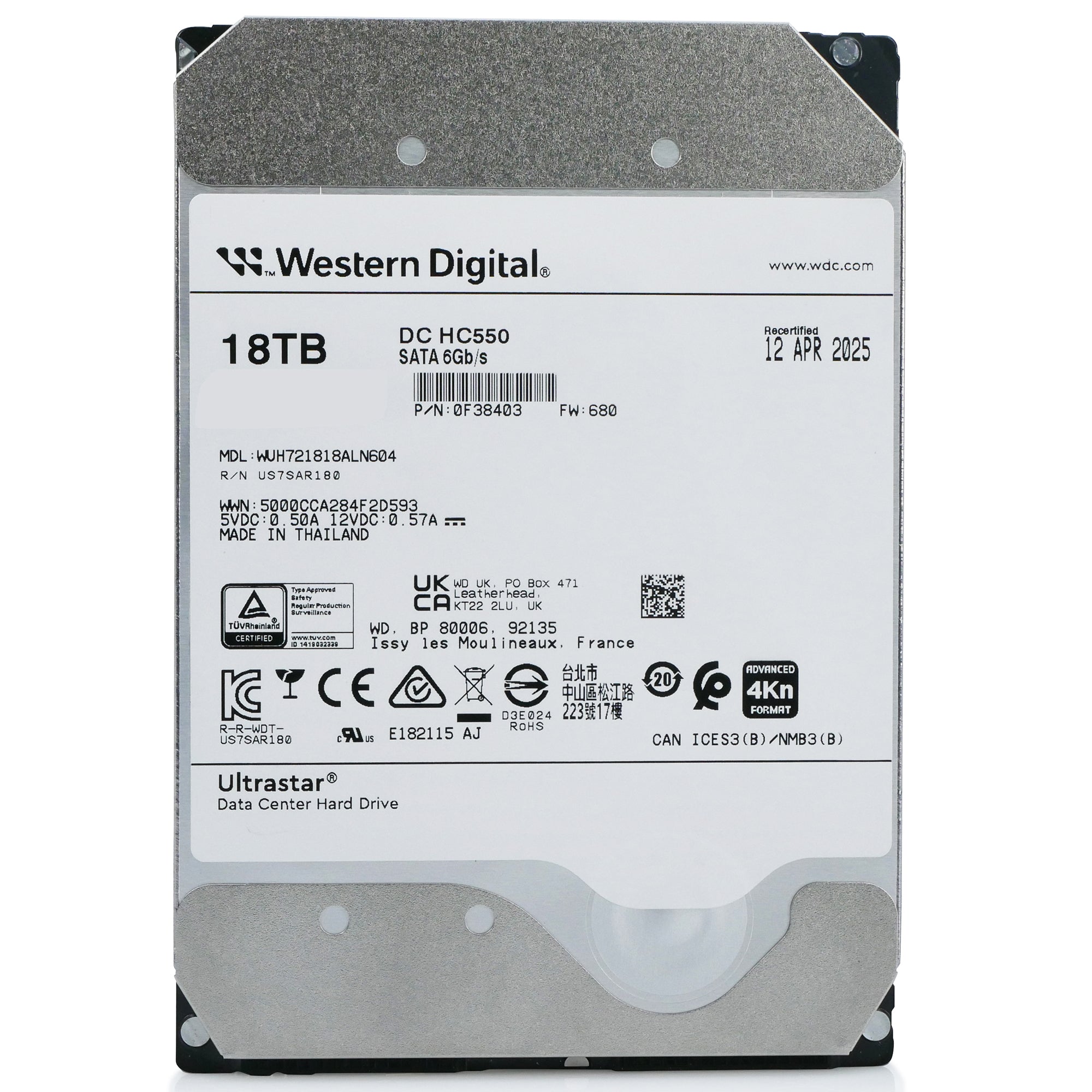 Western Digital Ultrastar DC HC550 WUH721818ALN604 0F38403 18TB 7.2K RPM SATA 6Gb/s 4Kn 3.5in Refurbished HDD