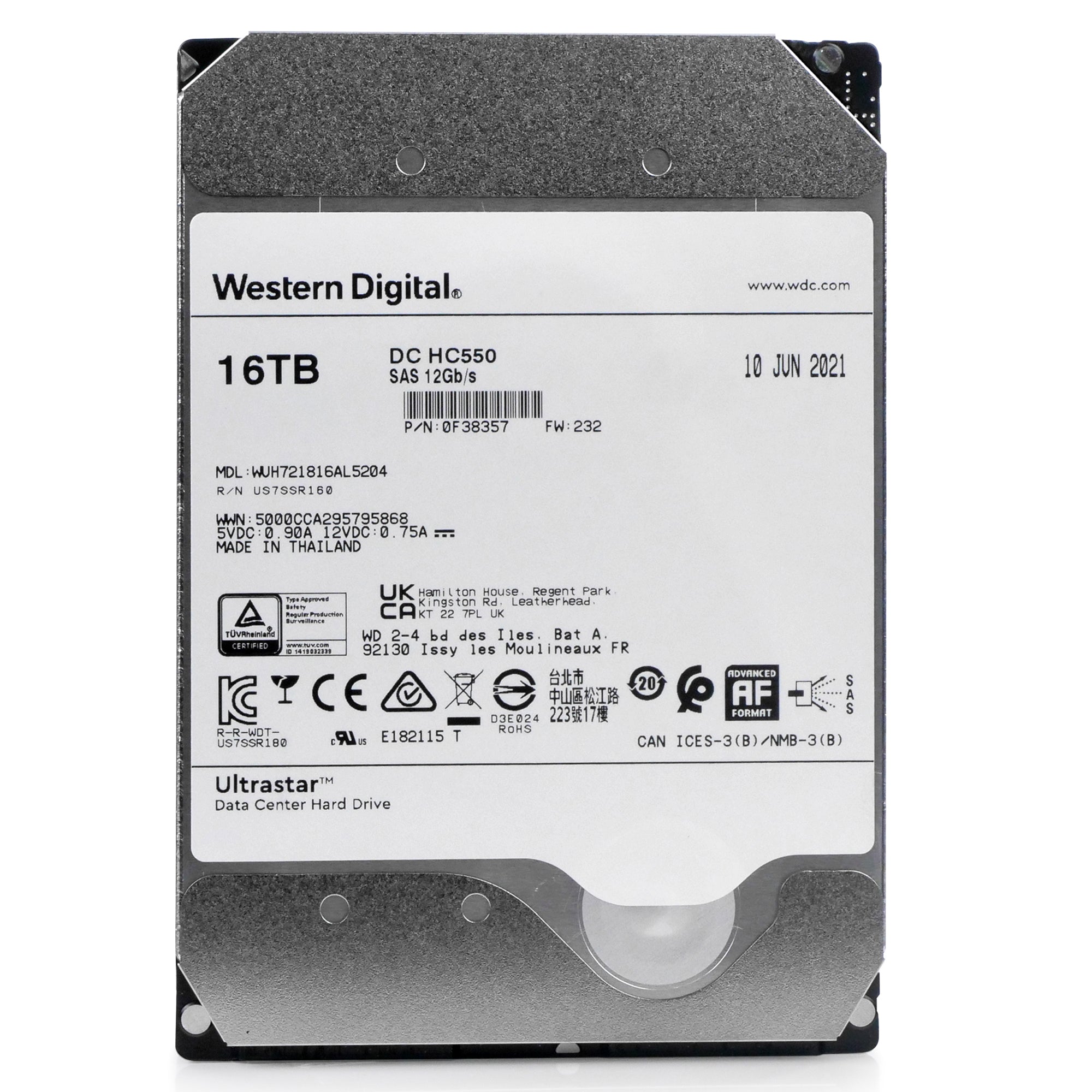 Western Digital Ultrastar DC HC550 WUH721816AL5204 0F38357 16TB 7.2K RPM SAS 12Gb/s 512e 3.5in Hard Drive