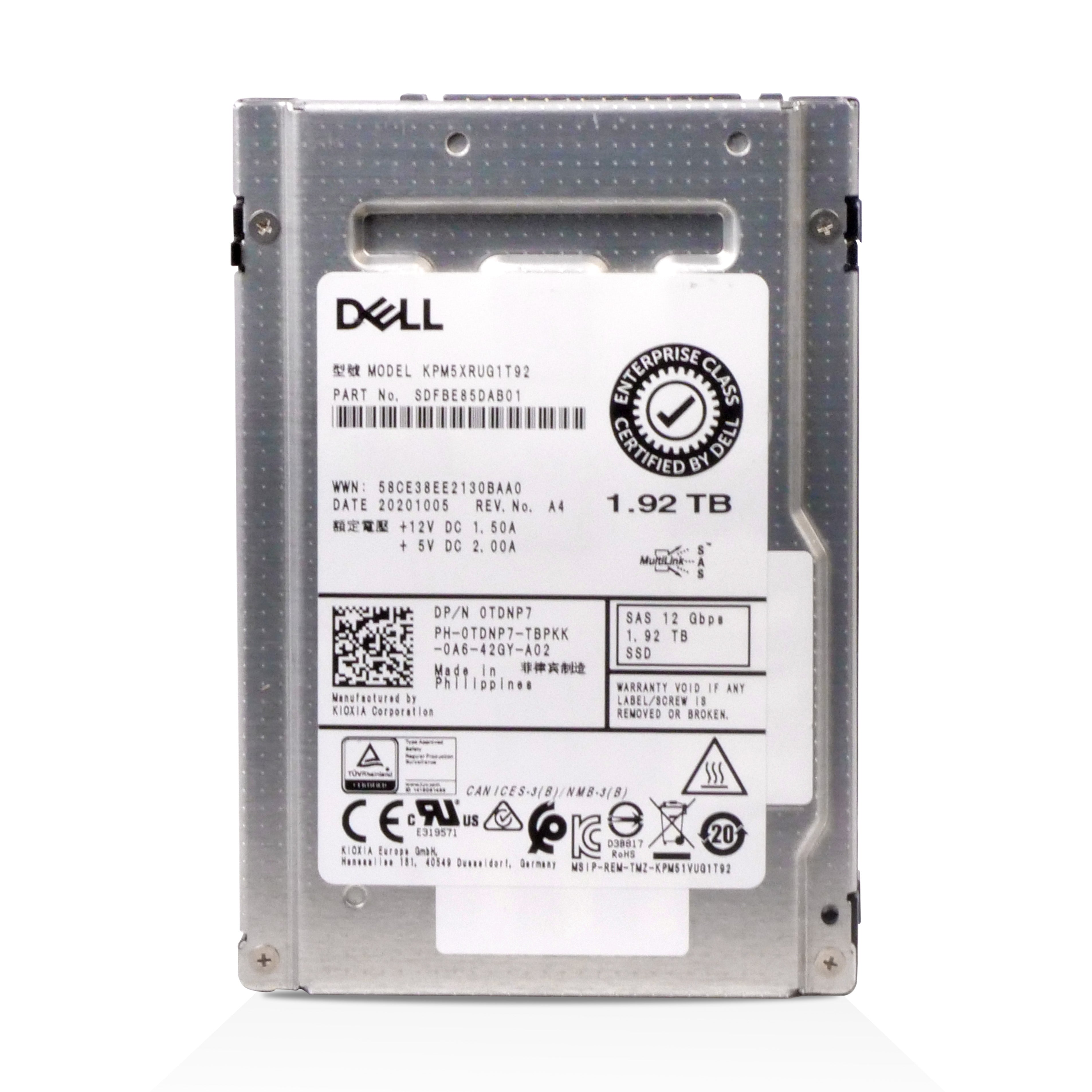 Kioxia/Dell PM5-R KPM5XRUG1T92 1.92TB 1 DWPD SAS 12Gb/s Read Intensive 3D TLC 2.5in Refurbished SSD