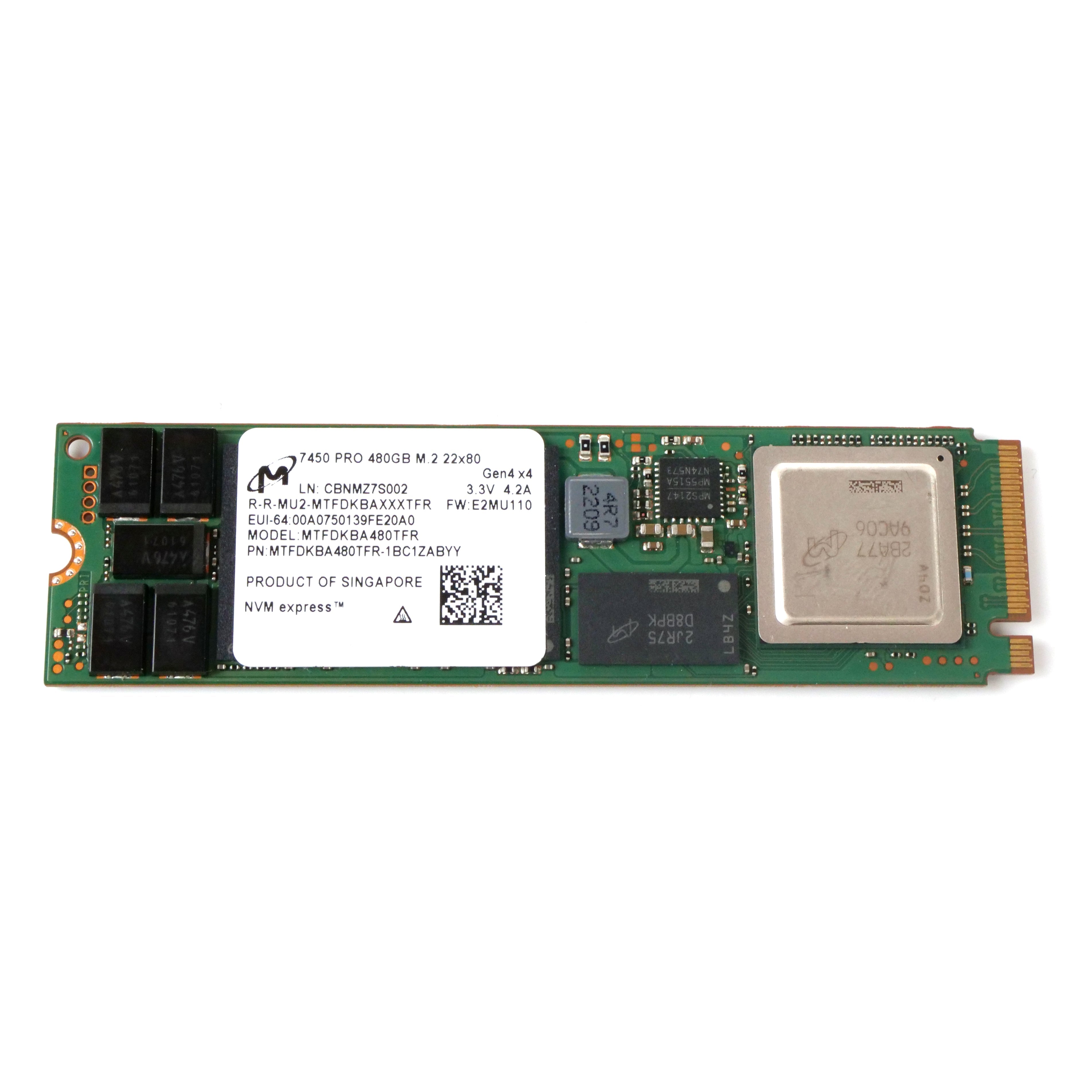Micron 7450 PRO MTFDKBA480TFR 480GB 1 DWPD PCIe Gen 4.0 x4 4GB/s TLC NVMe 2.5in Refurbished SSD