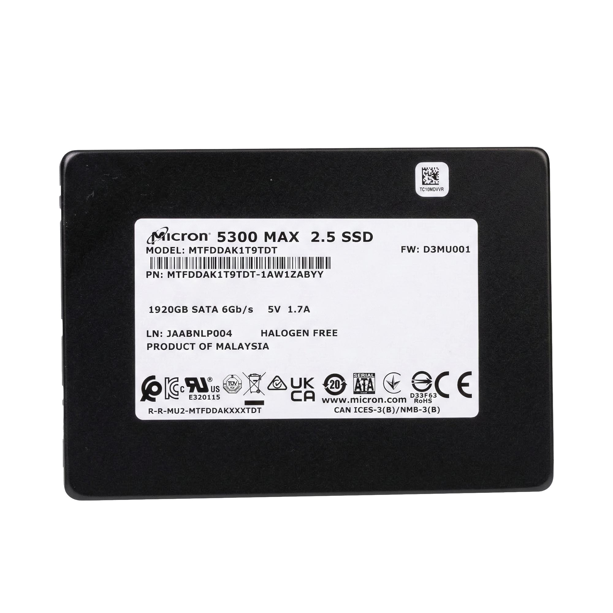 Micron 5300 MAX MTFDDAK1T9TDT 1.92TB 5 DWPD SATA 6Gb/s 3D TLC 2.5in Refurbished SSD