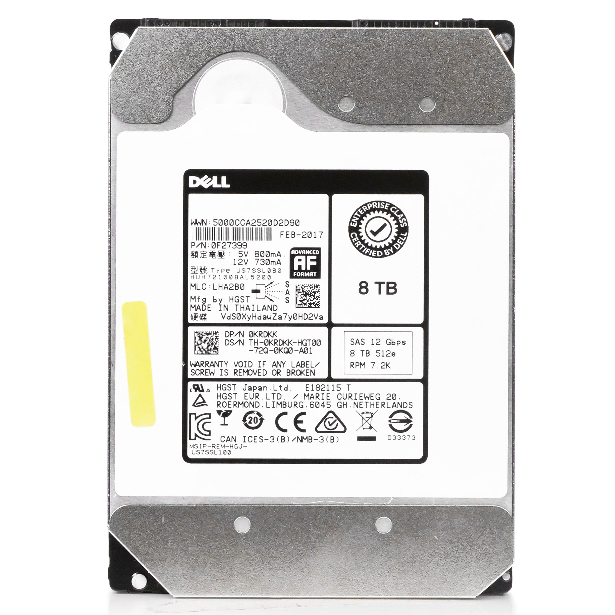 Dell/HGST Ultrastar He10 HUH721008AL5200 0F27399 8TB 7.2K RPM SAS 12Gb/s 512e 256MB 3.5in Refurbished HDD