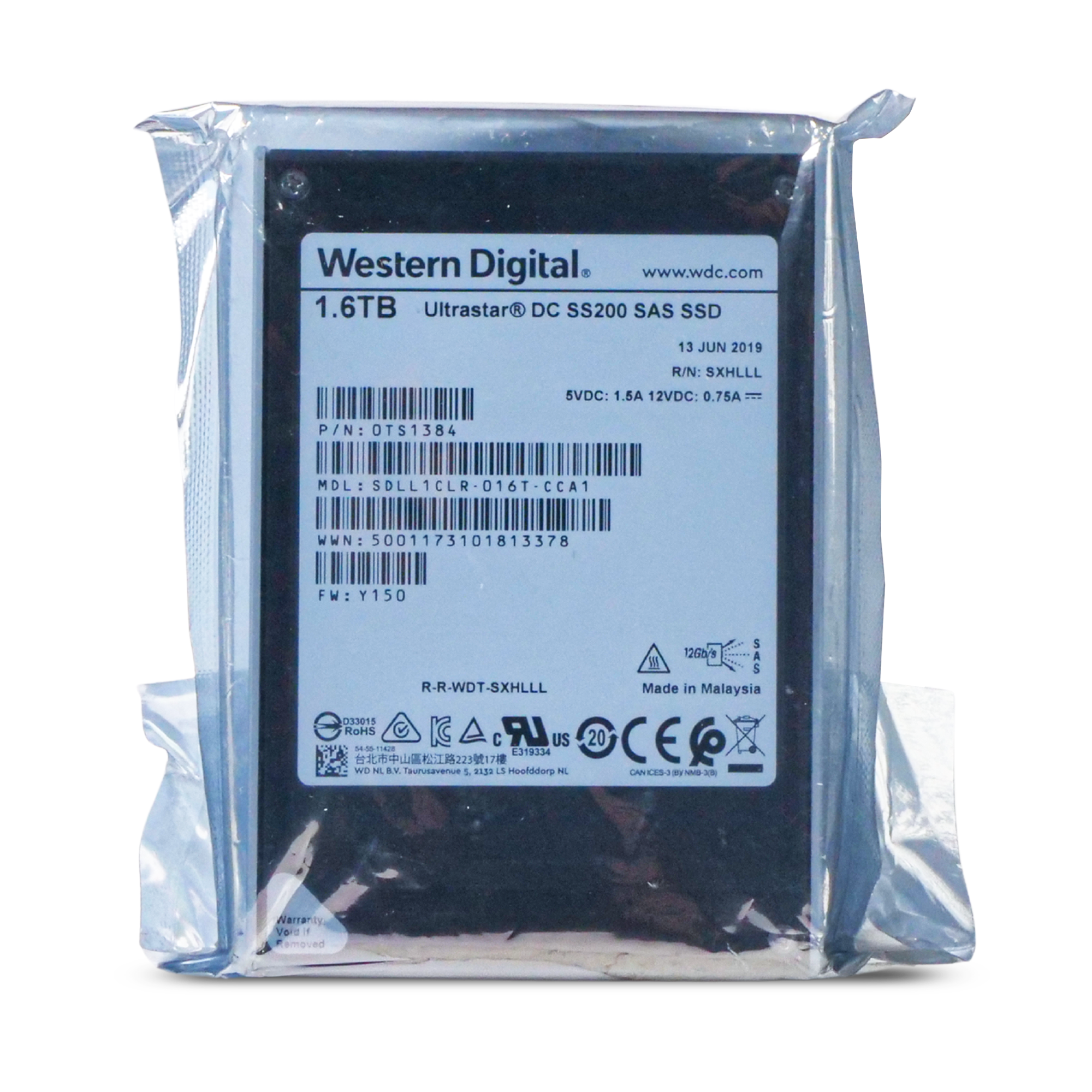 Western Digital Ultrastar DC SS200 SDLL1CLR-016T-CCA1 0TS1384 1.6TB 3 DWPD SAS 12Gb/s MLC 2.5in SSD