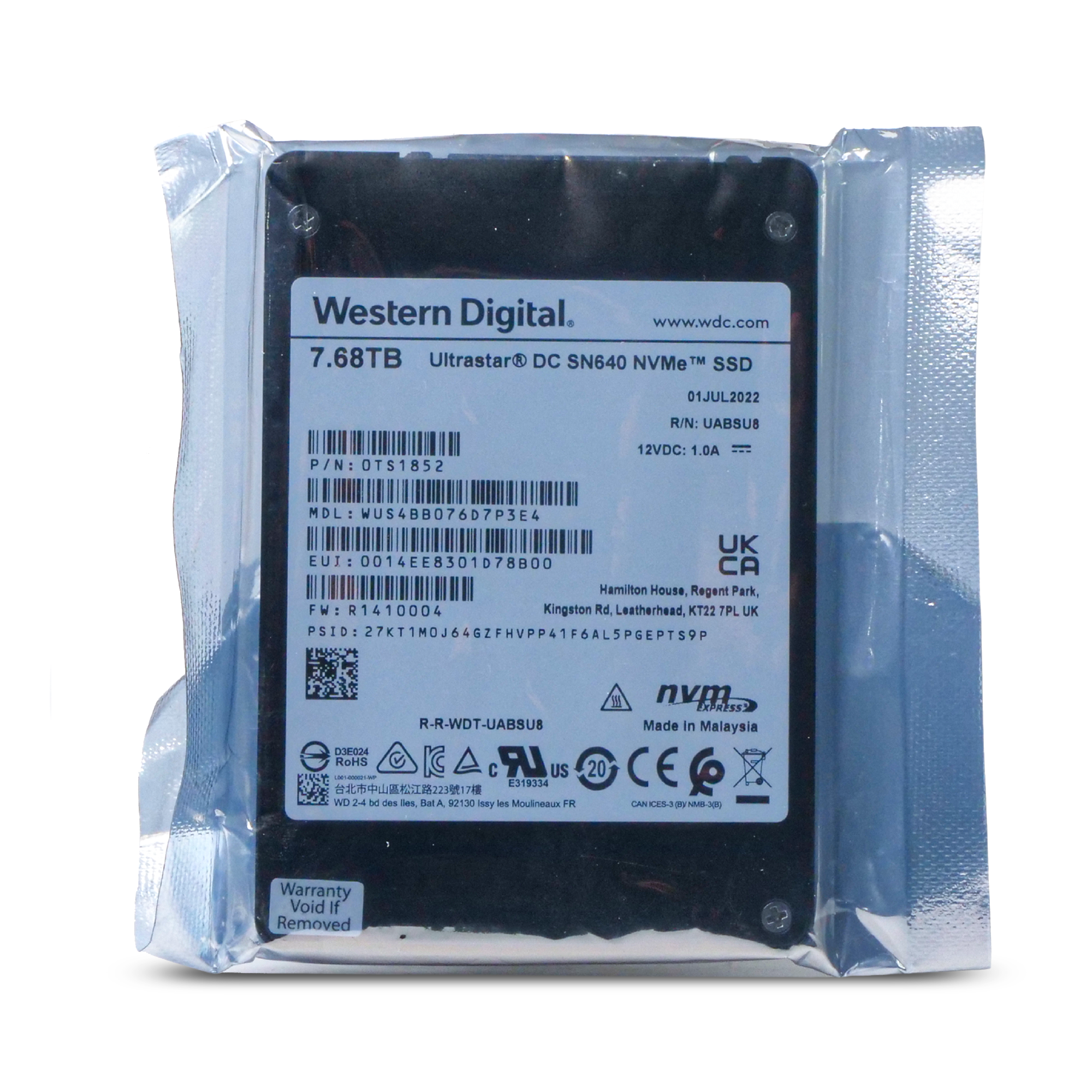 Western Digital Ultrastar DC SN640 WUS4BB076D7P3E4 0TS1852 7.68TB 0.8 DWPD PCIe Gen 3.1 x4 4GB/s 3D TLC U.2 NVMe 2.5in SSD