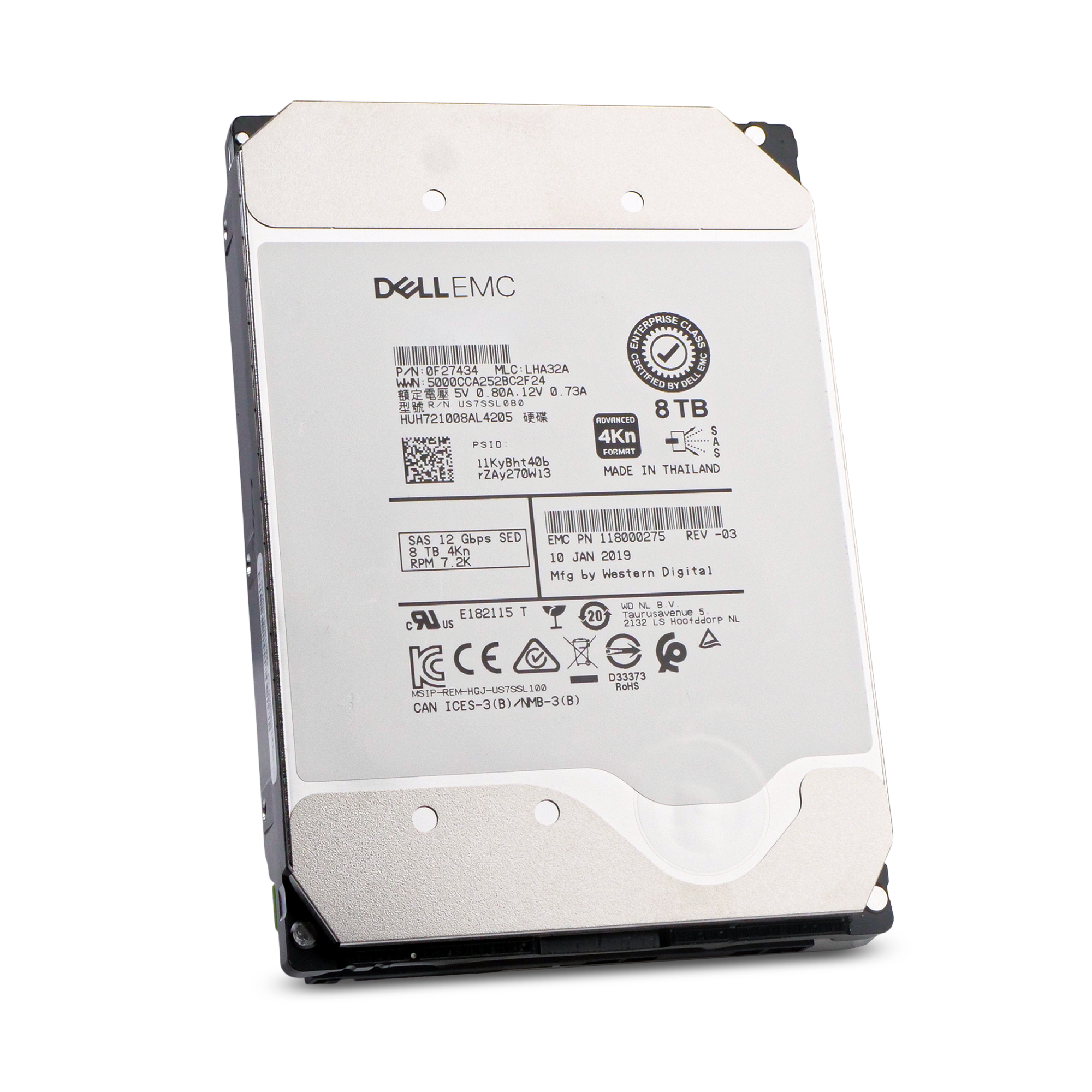 Dell/Western Digital Ultrastar DC HC510 HUH721008AL4205 0F27409 8TB 7.2K RPM SAS 12Gb/s 4Kn 256MB 3.5in Refurbished HDD