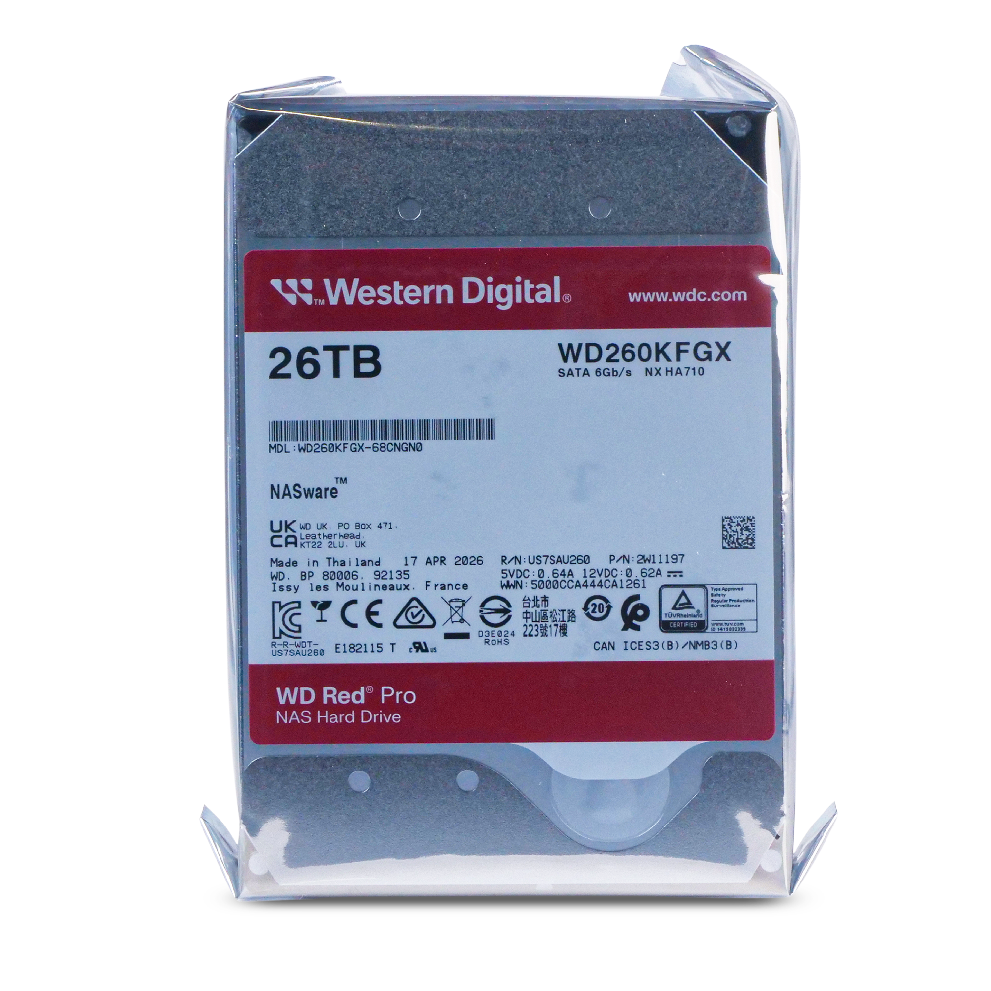 Western Digital Red Pro WD260KFGX 26TB 7.2K RPM SATA 6Gb/s 512e 512MB 3.5in NAS Hard Drive