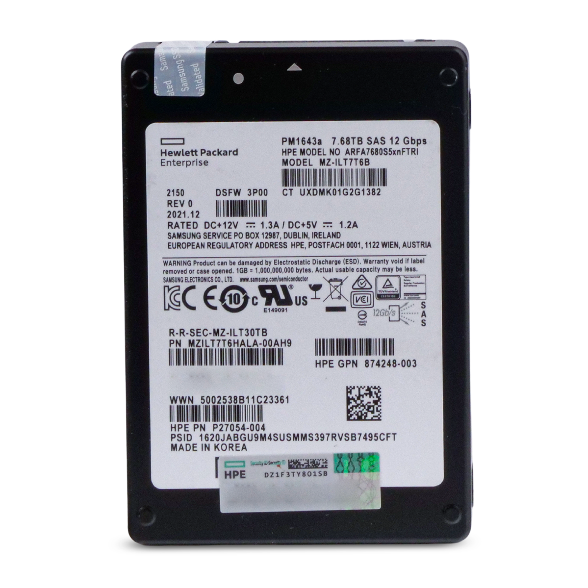 HP/Samsung PM1643a MZILT7T6HALA 7.68TB 1 DWPD SAS 12Gb/s 3D TLC 2.5in Refurbished SSD