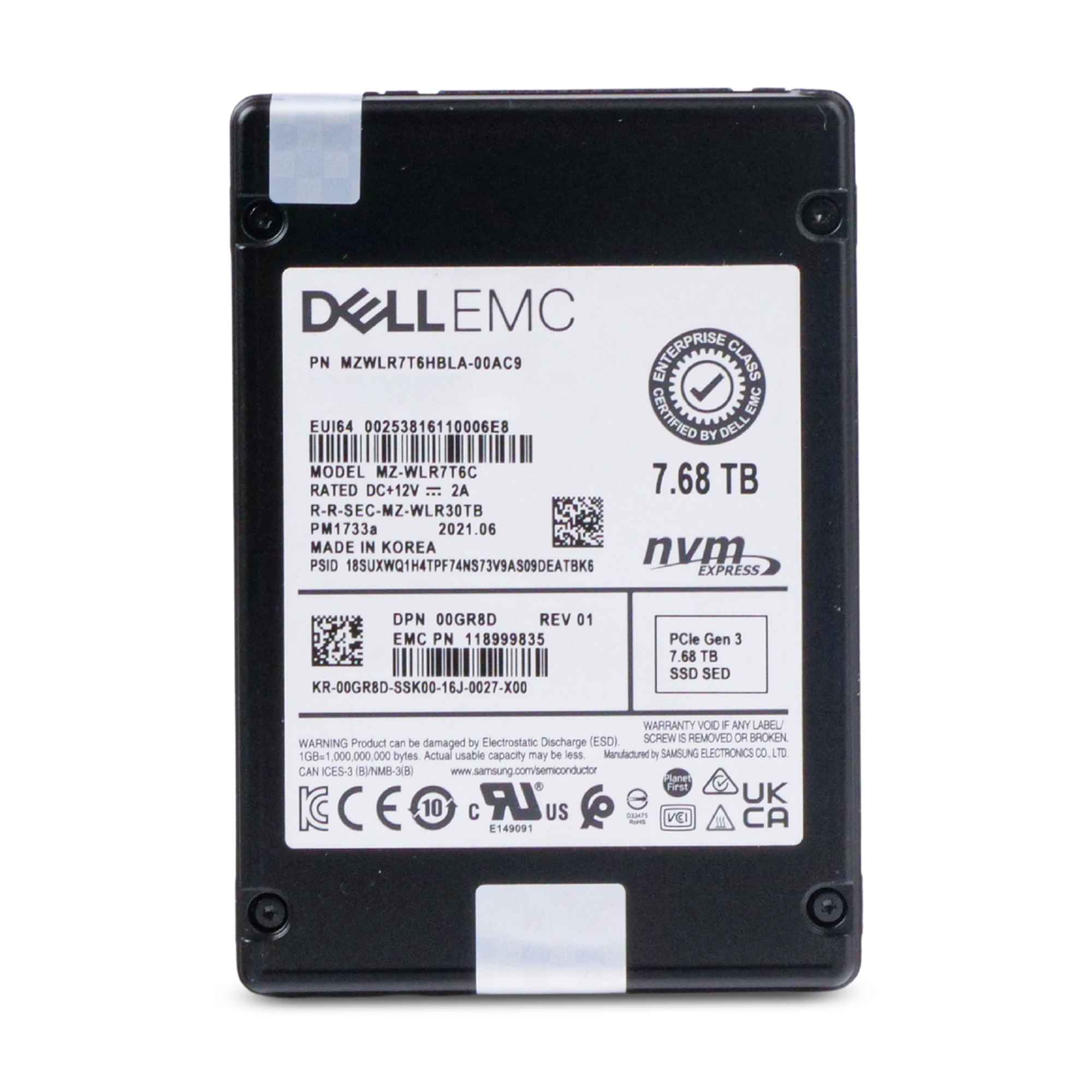 Dell/Samsung PM1733a MZWLR7T6HBLA 7.68TB 1 DWPD PCIe Gen 3.0 x4 4GB/s 3D TLC U.2 NVMe 2.5in Refurbished SSD