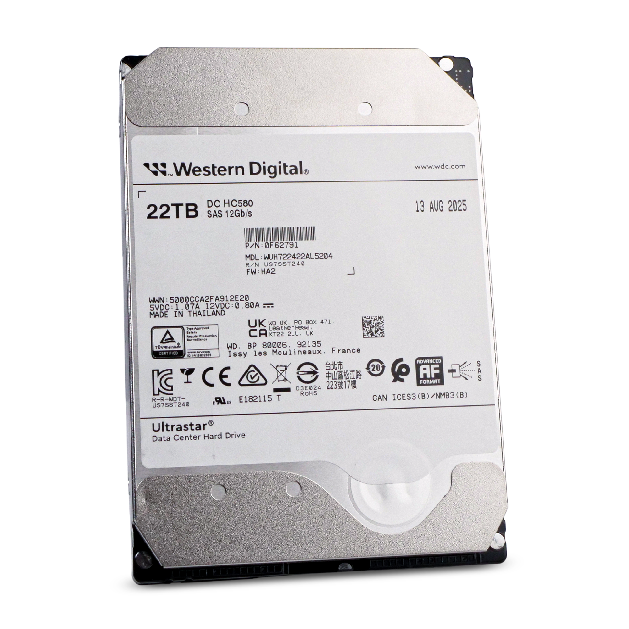 Western Digital Ultrastar DC HC580 WUH722422AL5204 0F62791 22TB 7.2K RPM SAS 12Gb/s 512e 512MB 3.5in HDD