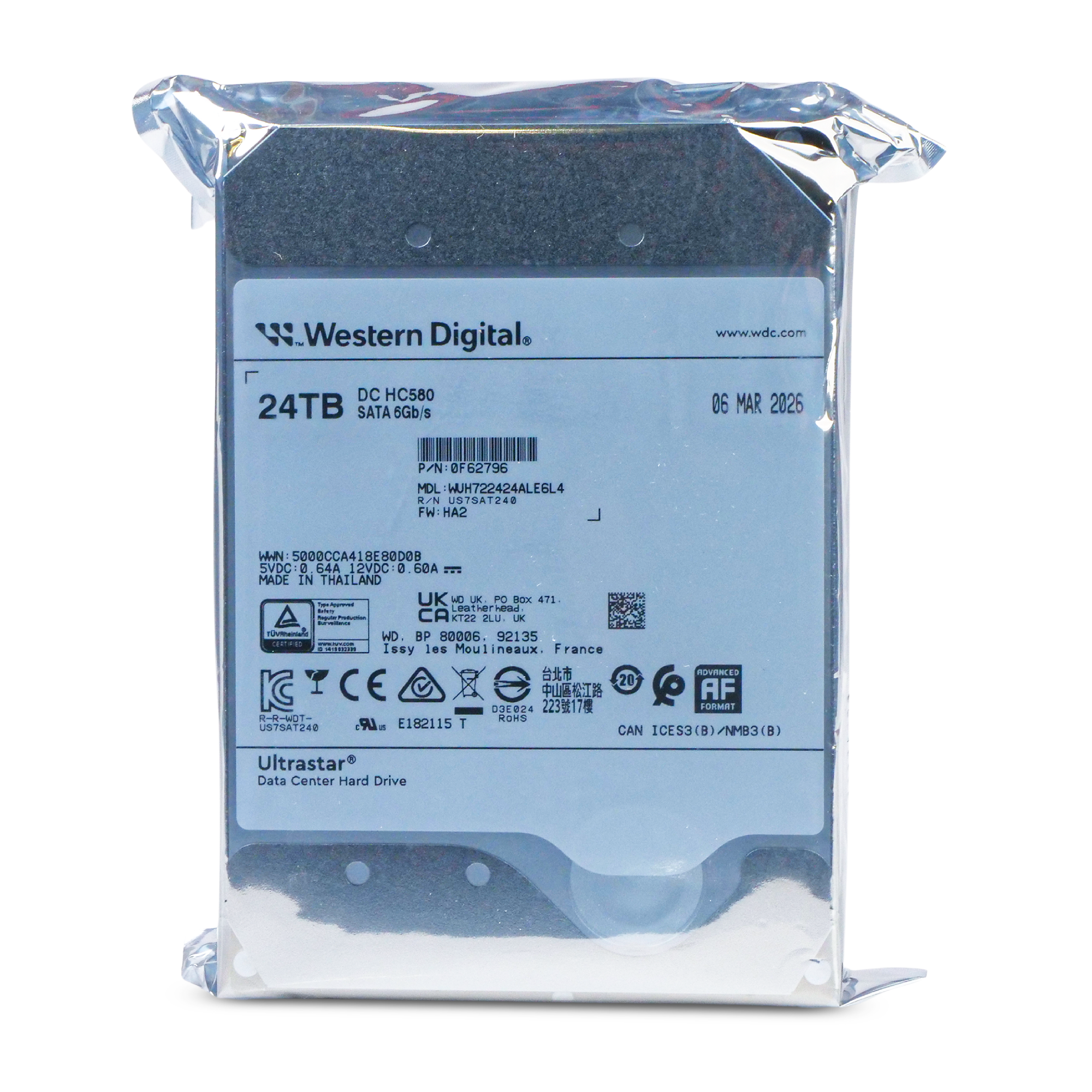 Western Digital Ultrastar DC HC580 WUH722424ALE6L4 0F62796 24TB 7.2K RPM SATA 6Gb/s 512e SE 3.5in Hard Disk Drive