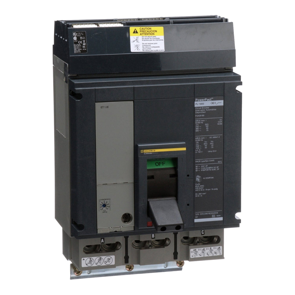 PJA36100U44A | Square D PowerPacT P 1000A 3-Pole 600VAC I-Line Molded Case Circuit Breaker