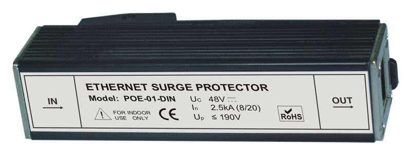 POE-01-DIN - Full 8 pin Cat6 RJ45 Ethernet surge protector with PoE support and DIN rail mount system